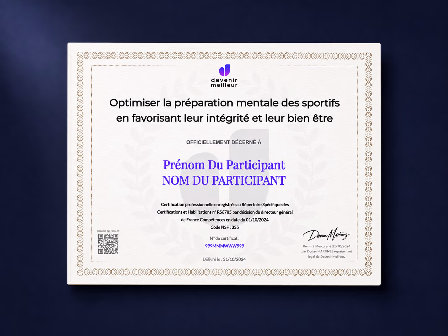 Certificat pour optimiser la préparation mentale des sportifs, décerné à Prénom Du Participant.