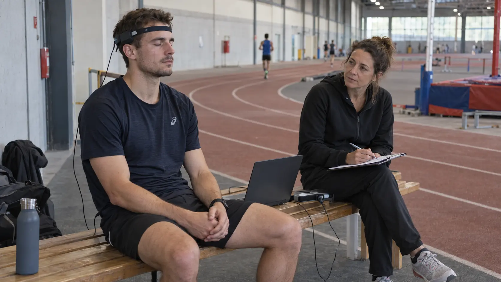 un sportif se fait analyser avec un EEG par une neuroscientifique 