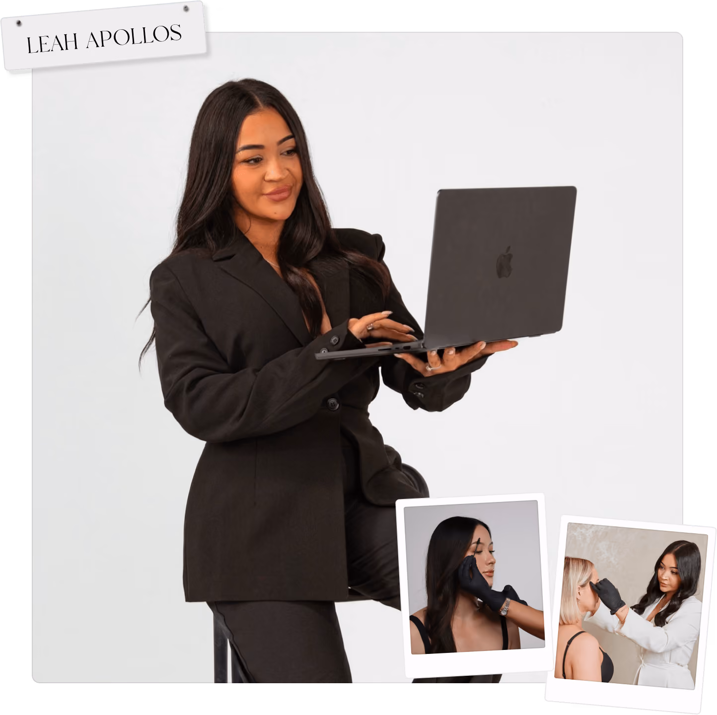 Woman in black blazer holding a laptop, with smaller photos showing her applying cosmetic treatments.