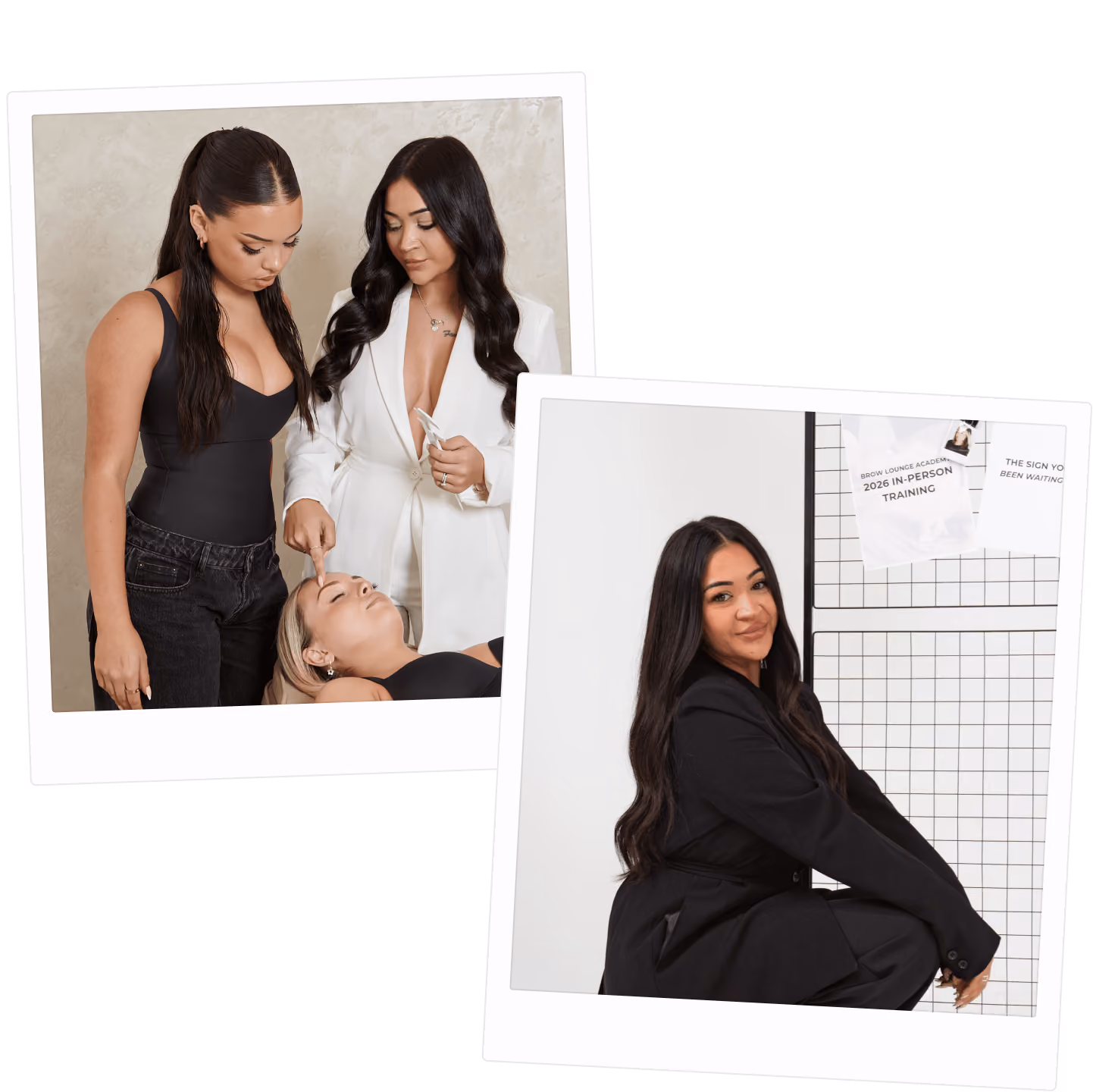 Two women attending a facial on left; another woman in black suit crouching by a grid board on right.