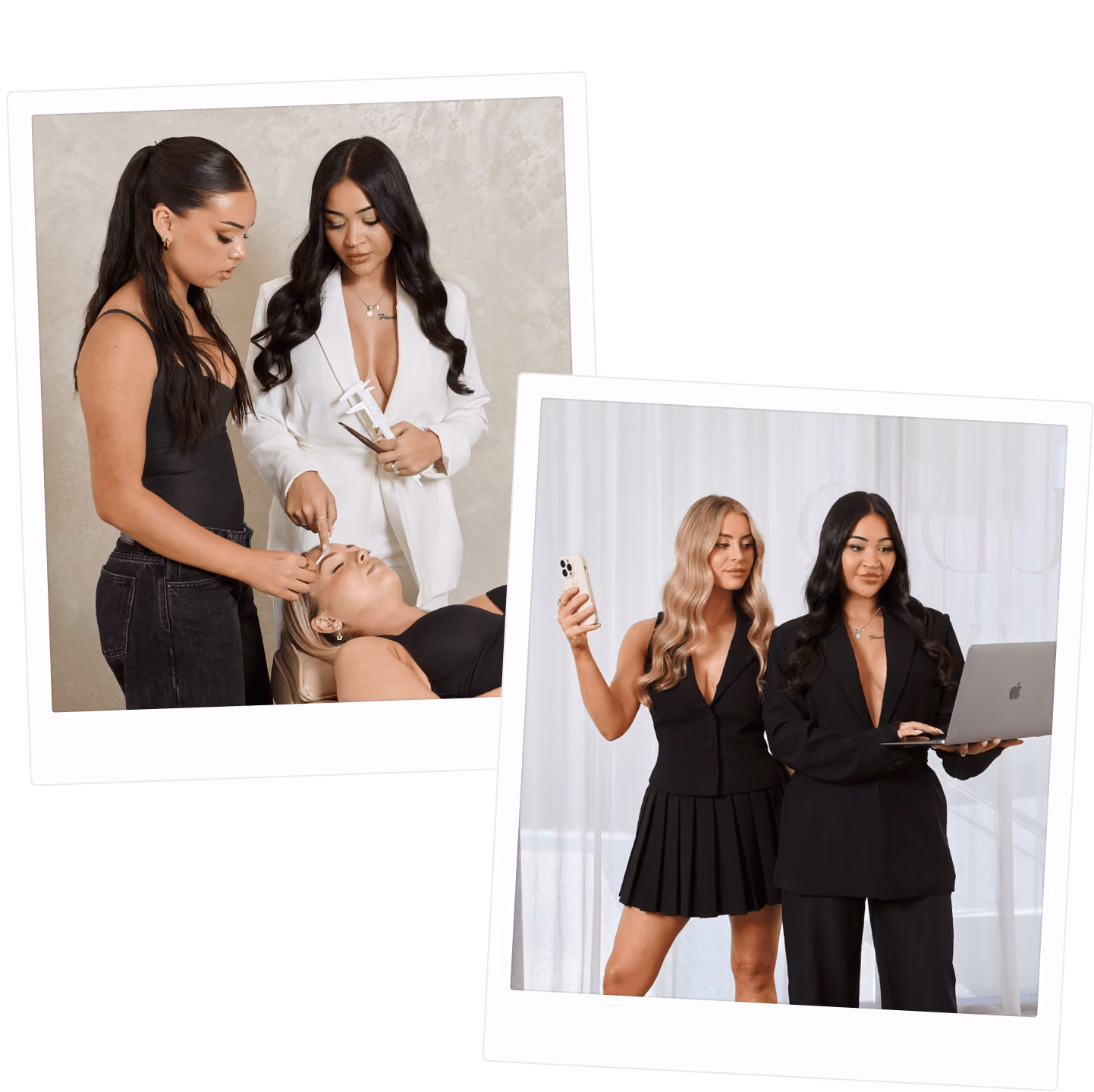 Two photos: one shows a beauty treatment with two women, the other shows two women using a phone and laptop.