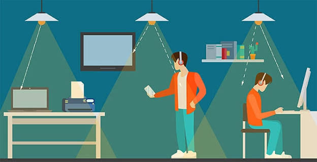Illustration of two people working under pendant lights, one reading and standing, the other seated typing at a computer.