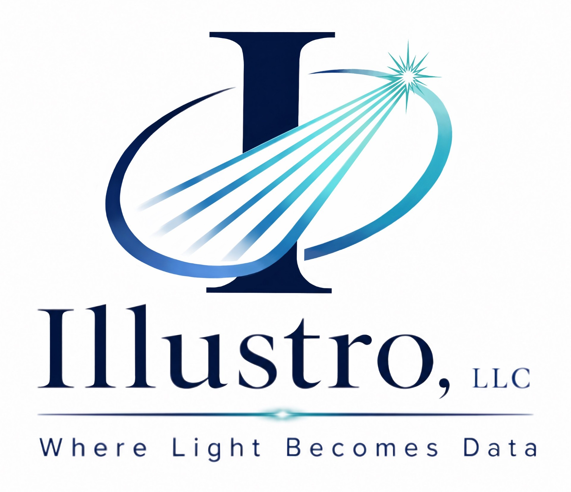 Logo with large I and light beams forming a star, text Illustro, LLC and slogan 'Where Light Becomes Data'.