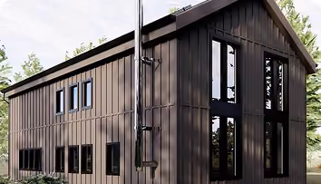 Modern two-story dark brown building with large windows surrounded by trees.