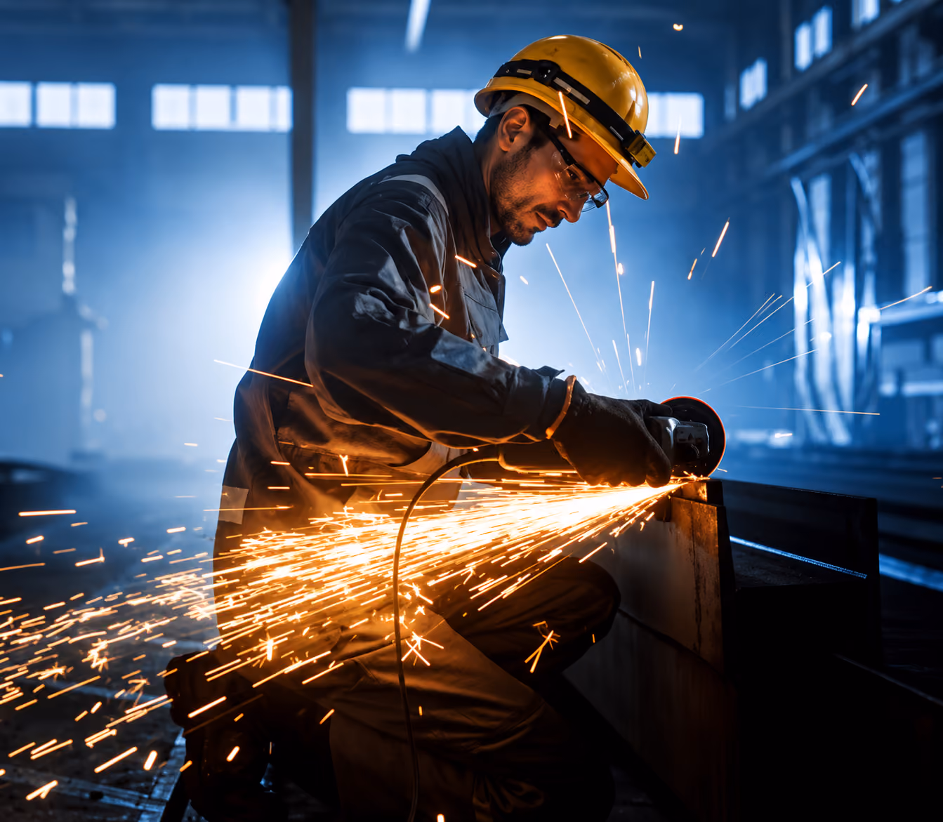 Worker wearing a hard hat grinding metal, creating bright sparks flying to the side in a workshop.