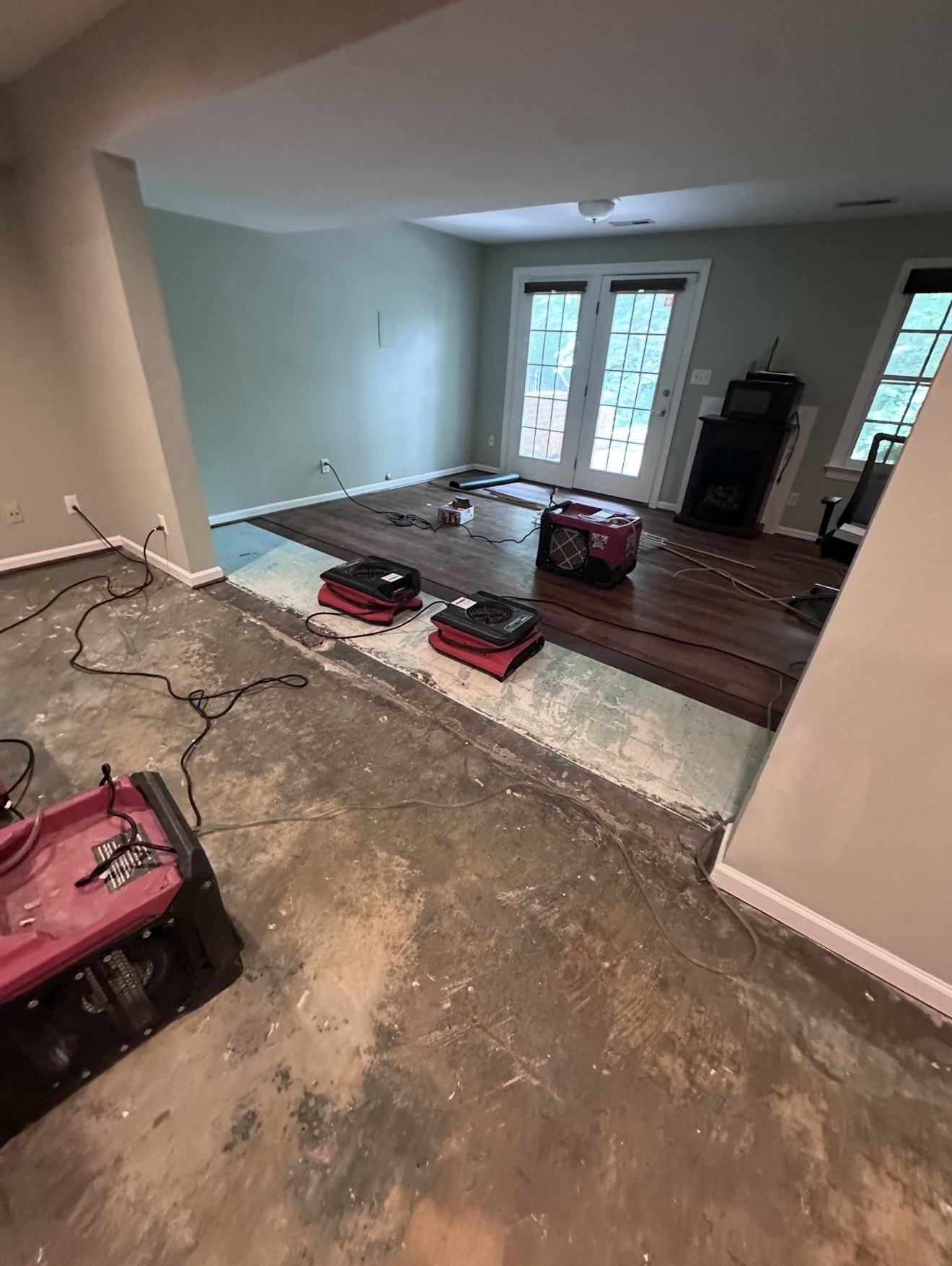 Active structural drying equipment during a residential water mitigation project.