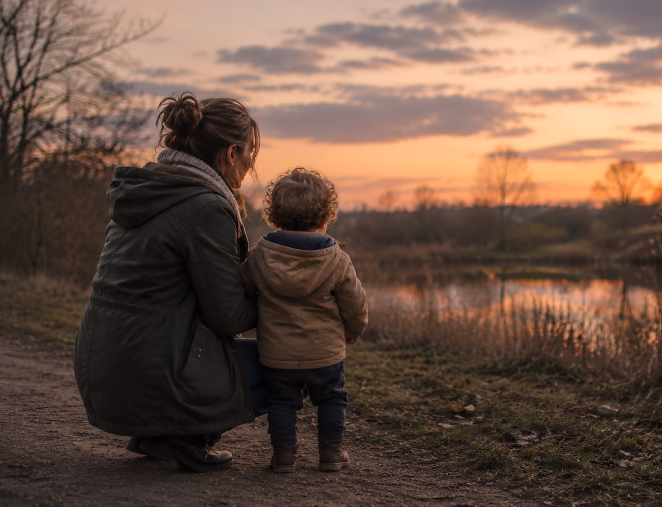 Parent and young child watching the sunset by a lake