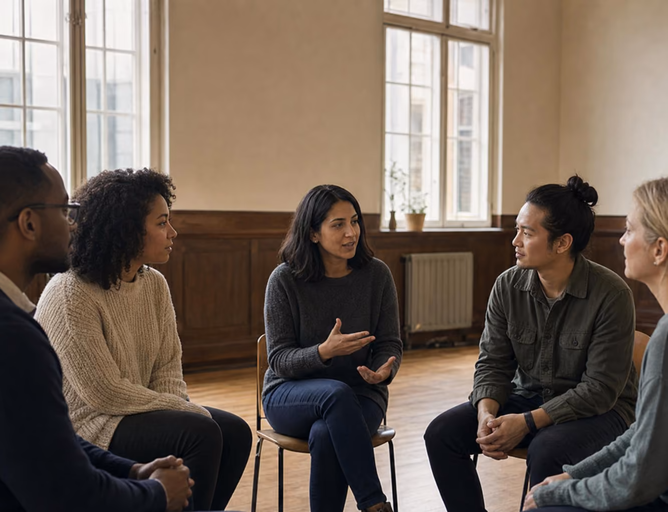 Climate-aware therapists talking together in a circle of chairs