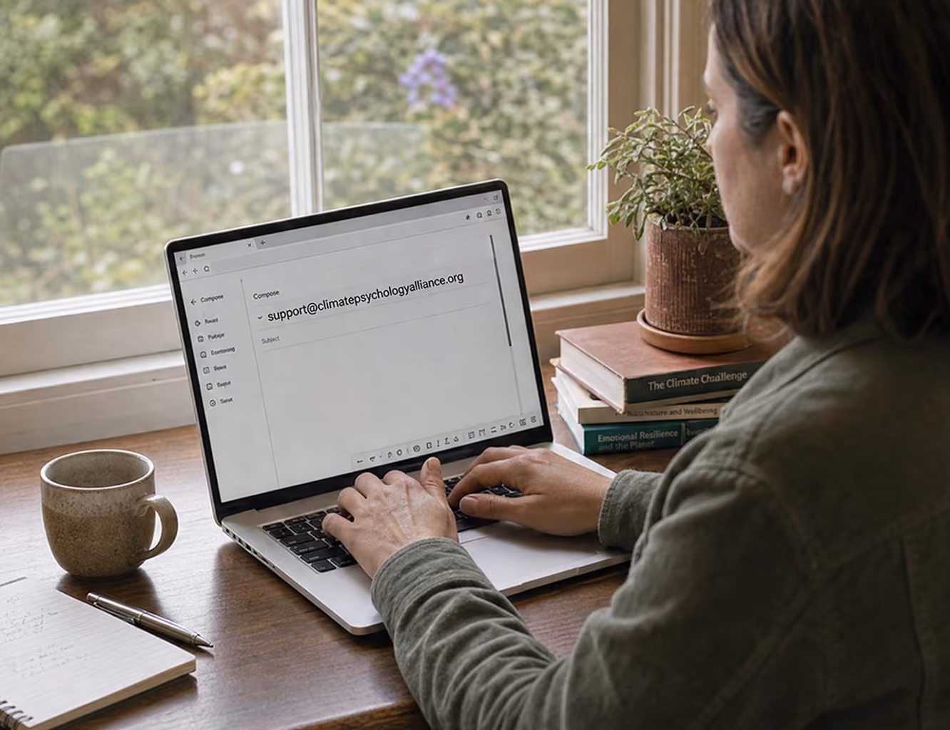 Person typing on a laptop at a desk by a window
