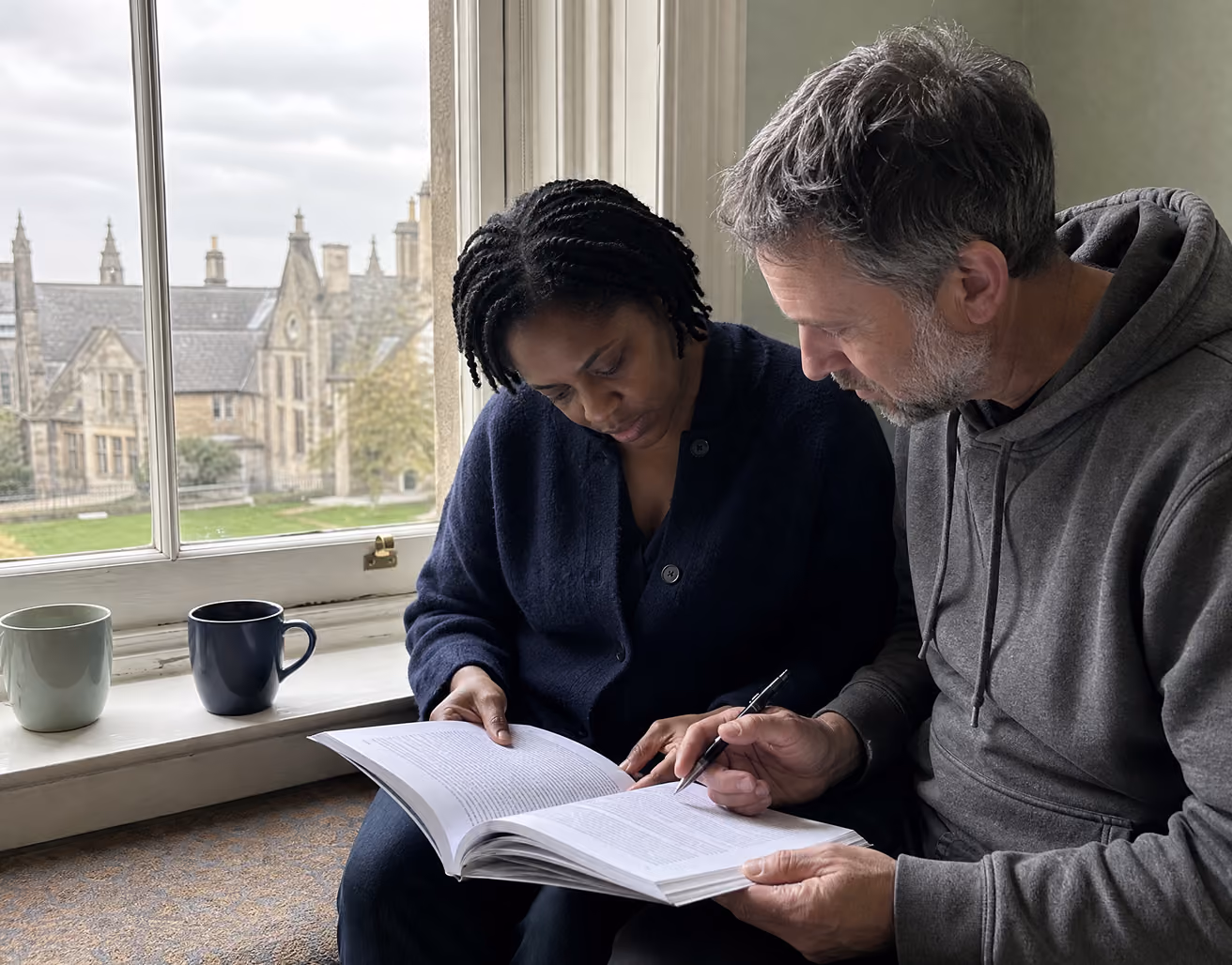 Two people reading an issue of the Explorations in Climate Psychology journal together