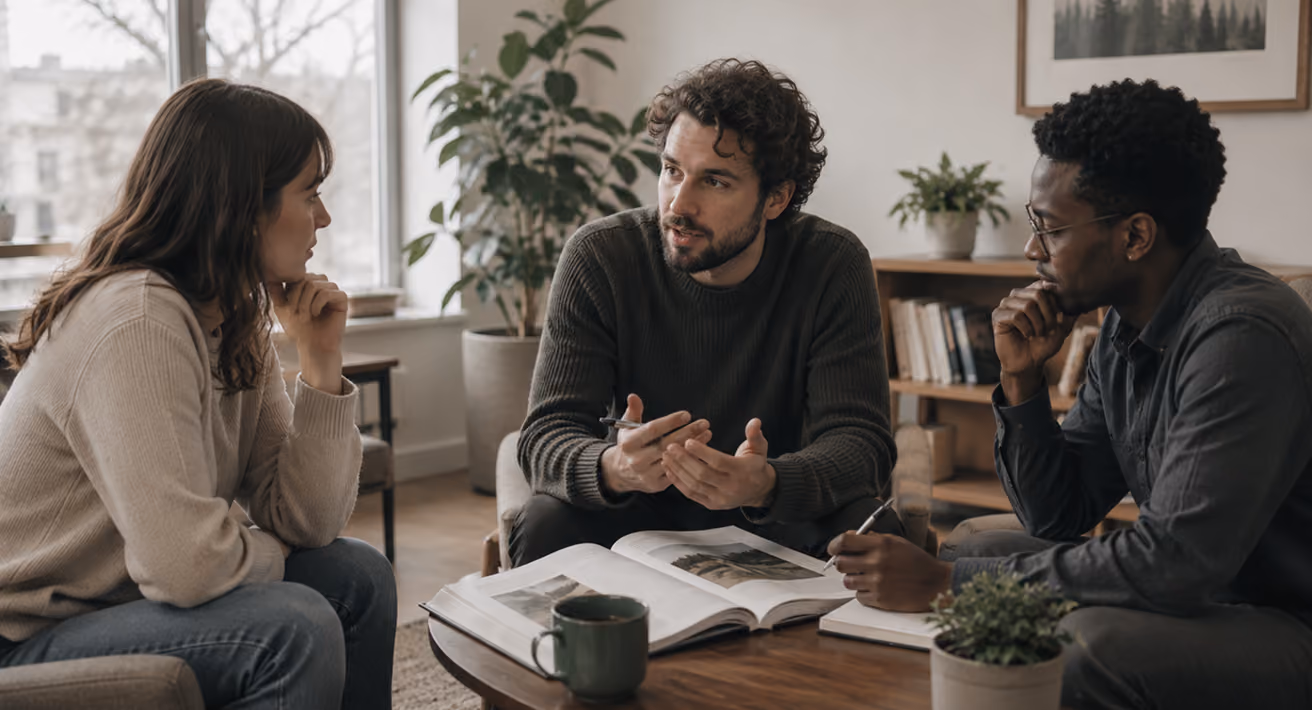 Three people in discussion around a coffee table