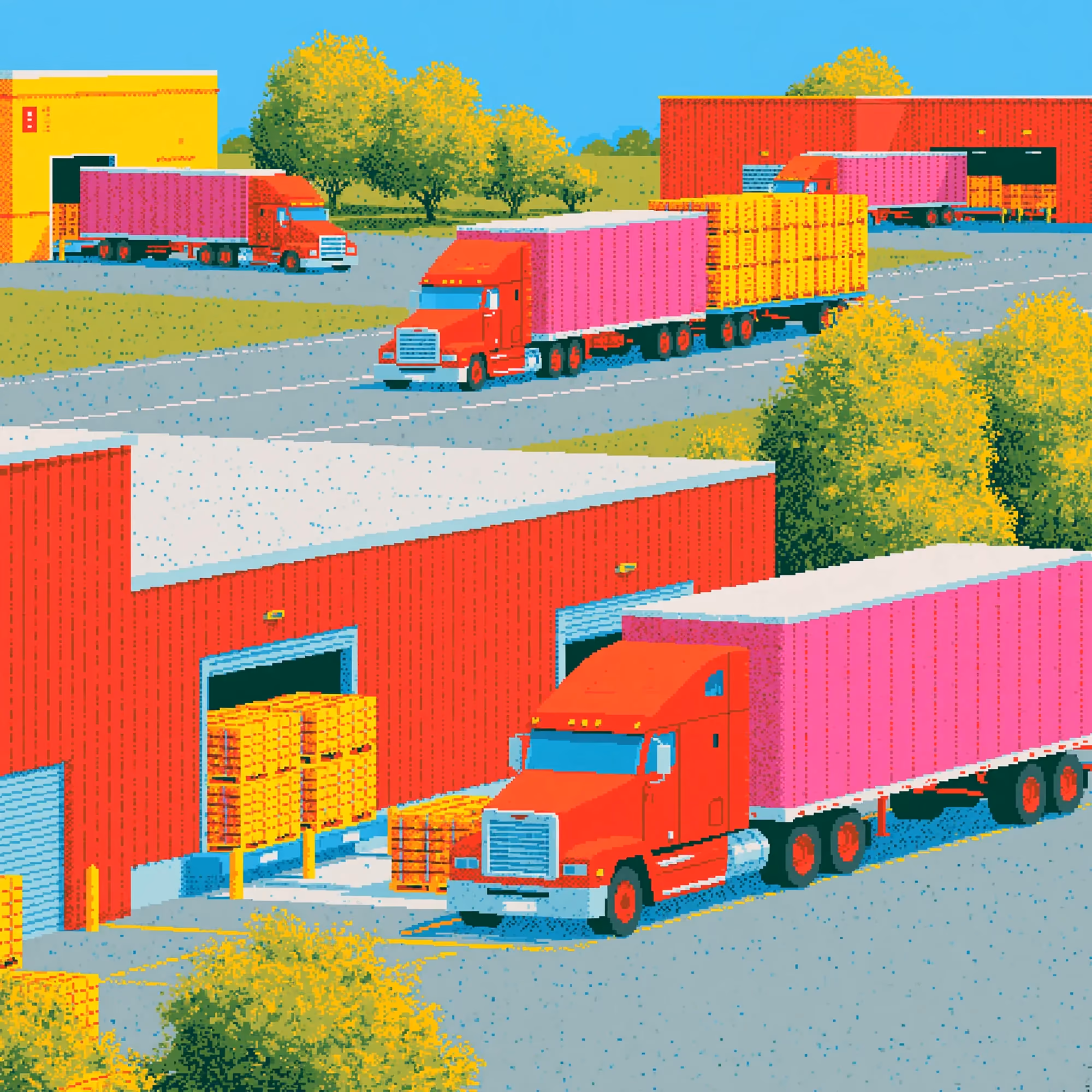 Pixel-art illustration of freight trucks at warehouse loading docks.