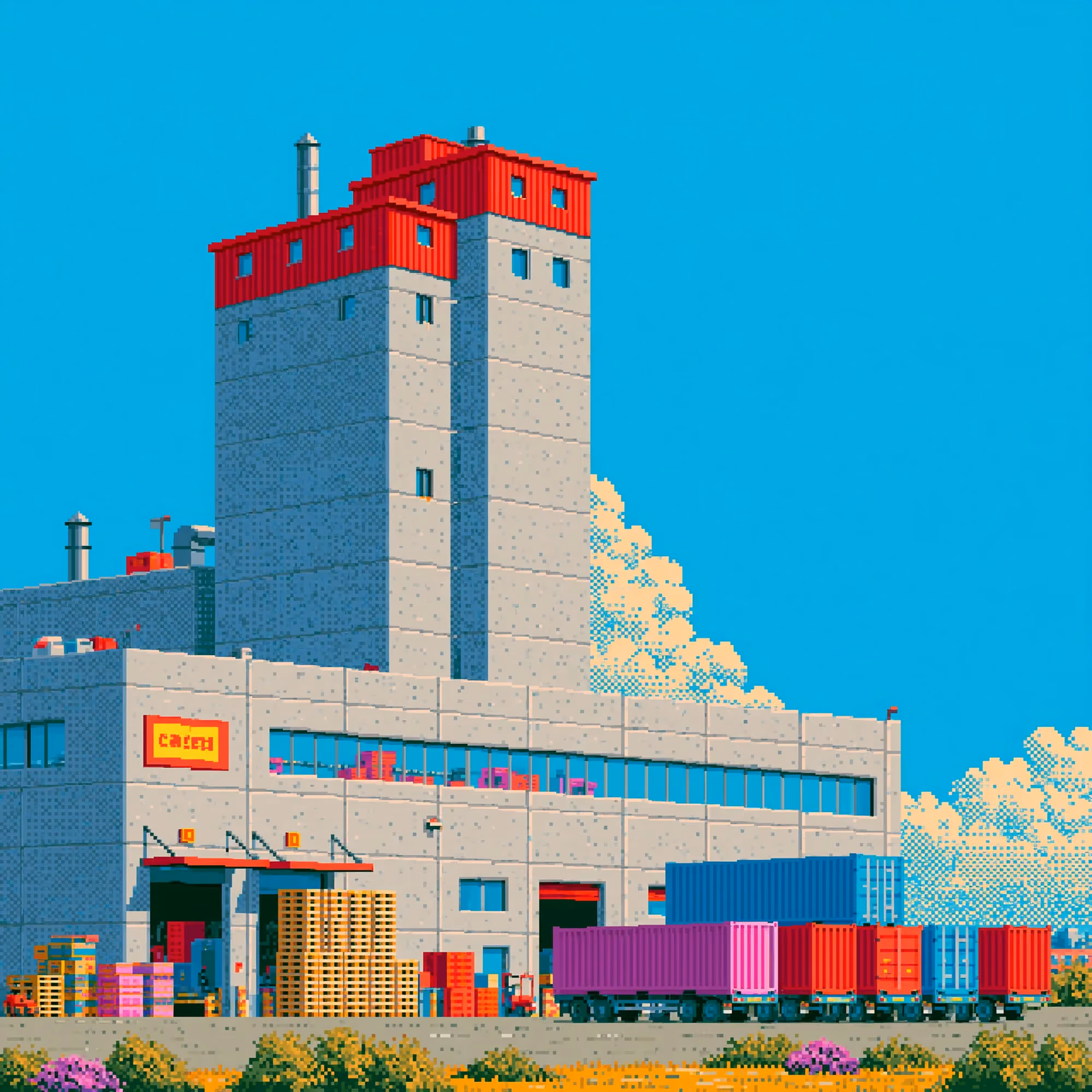Pixel-art illustration of an industrial facility and freight containers.