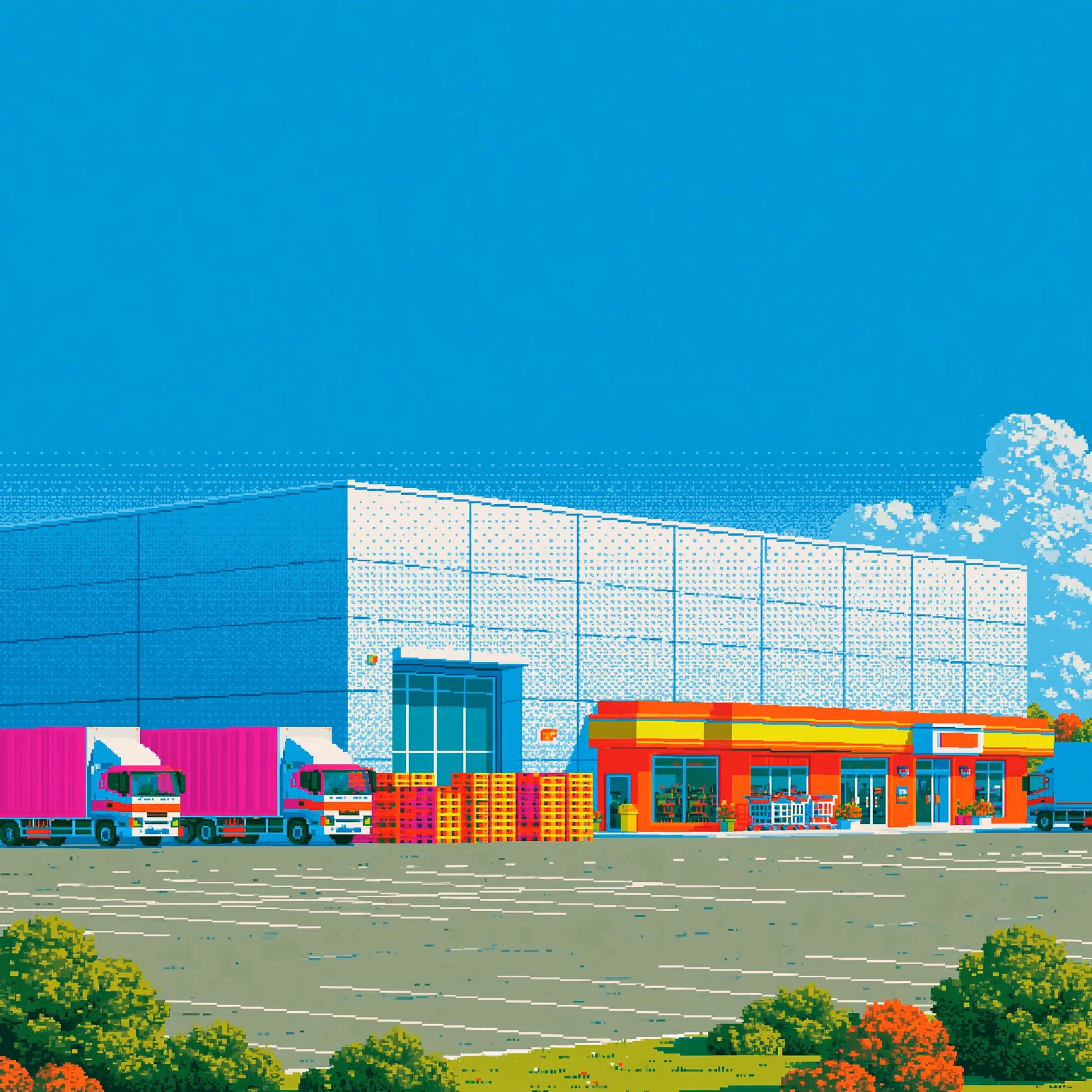 Pixel-art illustration of a retail distribution facility and delivery trucks.