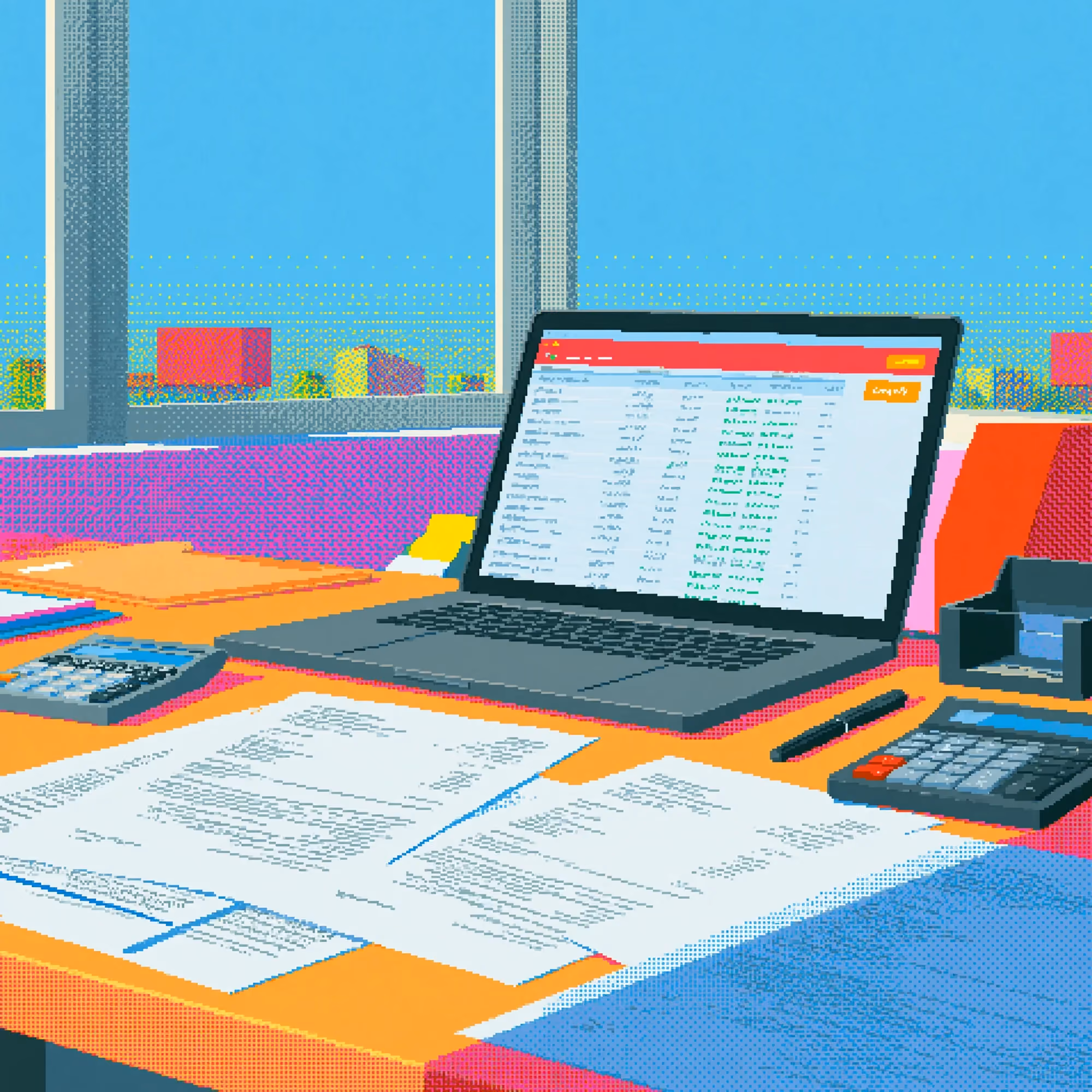 Pixel-art illustration of a laptop, financial reports and a calculator on an office desk.