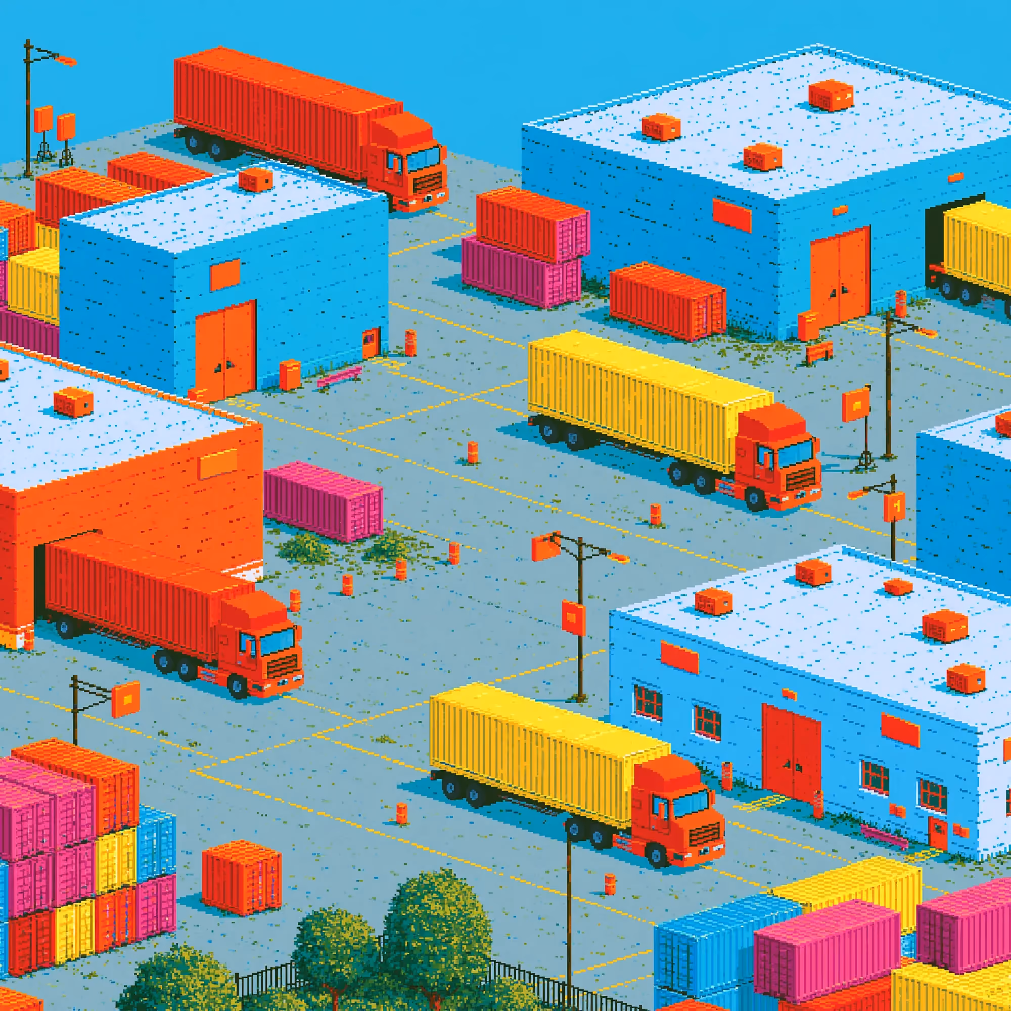Pixel-art illustration of trucks and cargo moving between warehouses.