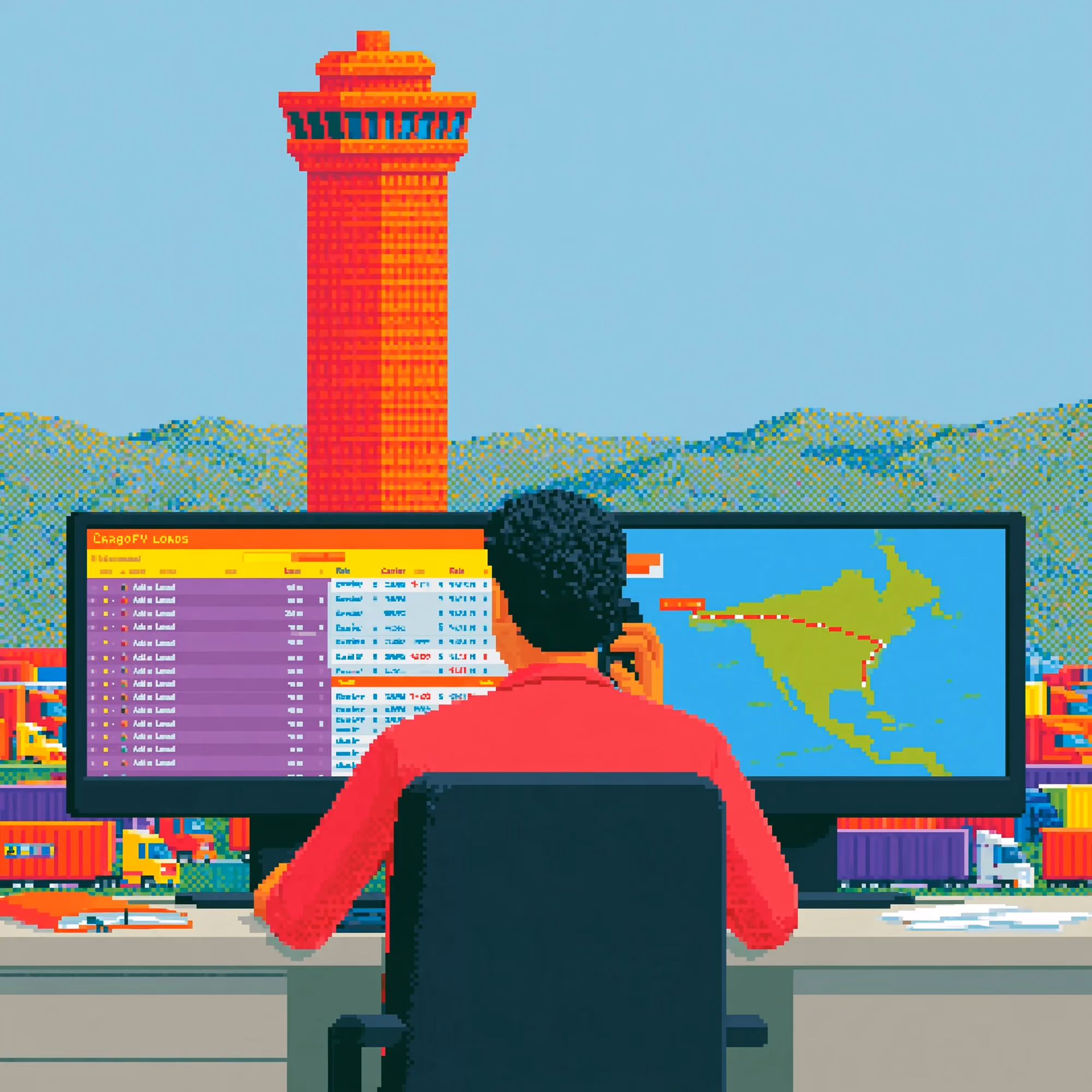 Pixel-art illustration of a freight coordinator working at transport planning screens.