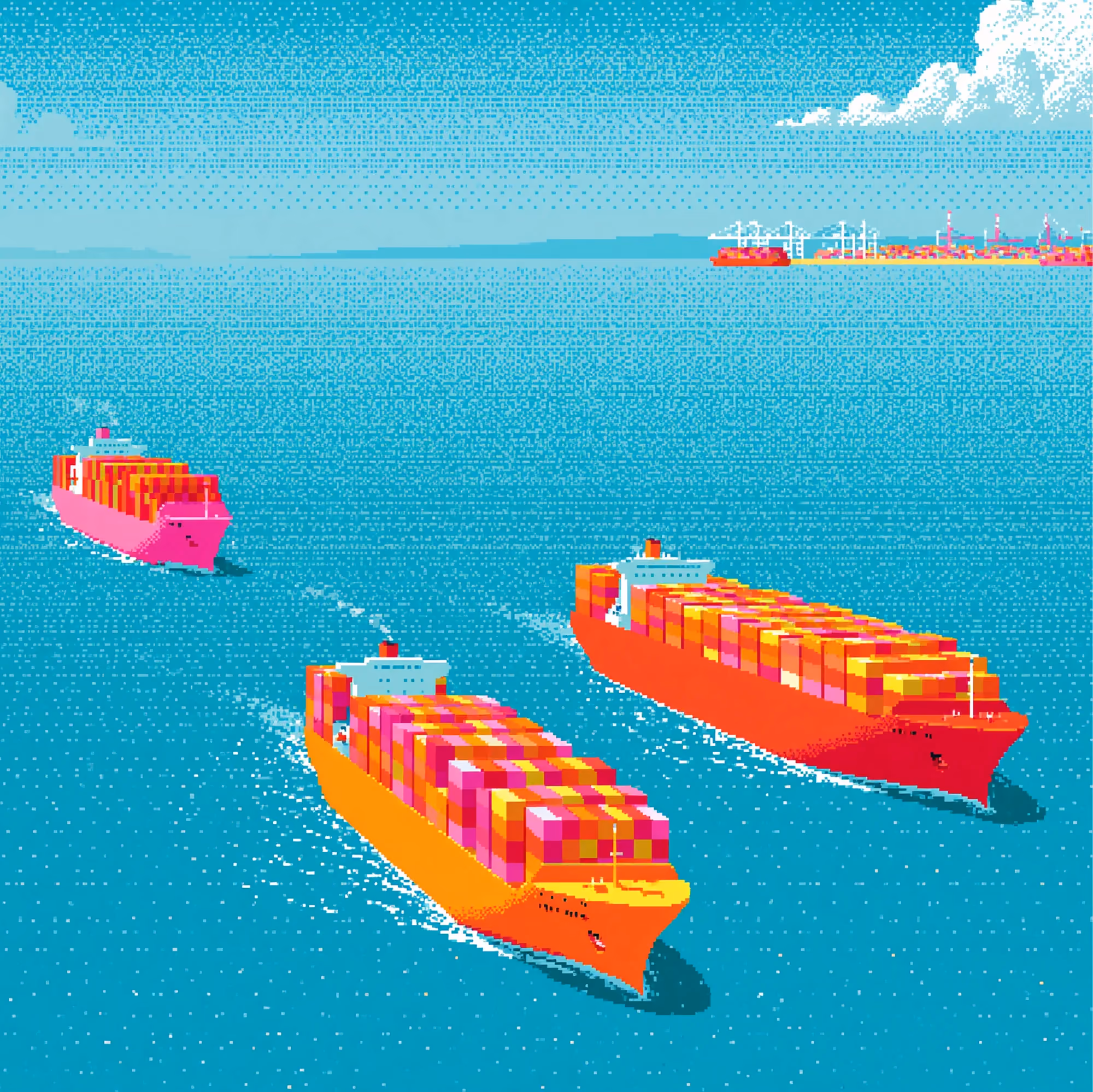 Pixel-art illustration of container ships near a seaport.
