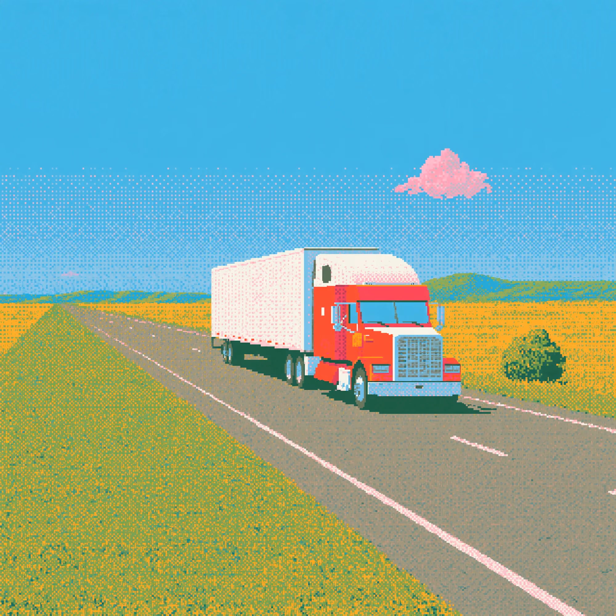 Pixel-art illustration of a truck travelling along a country road.