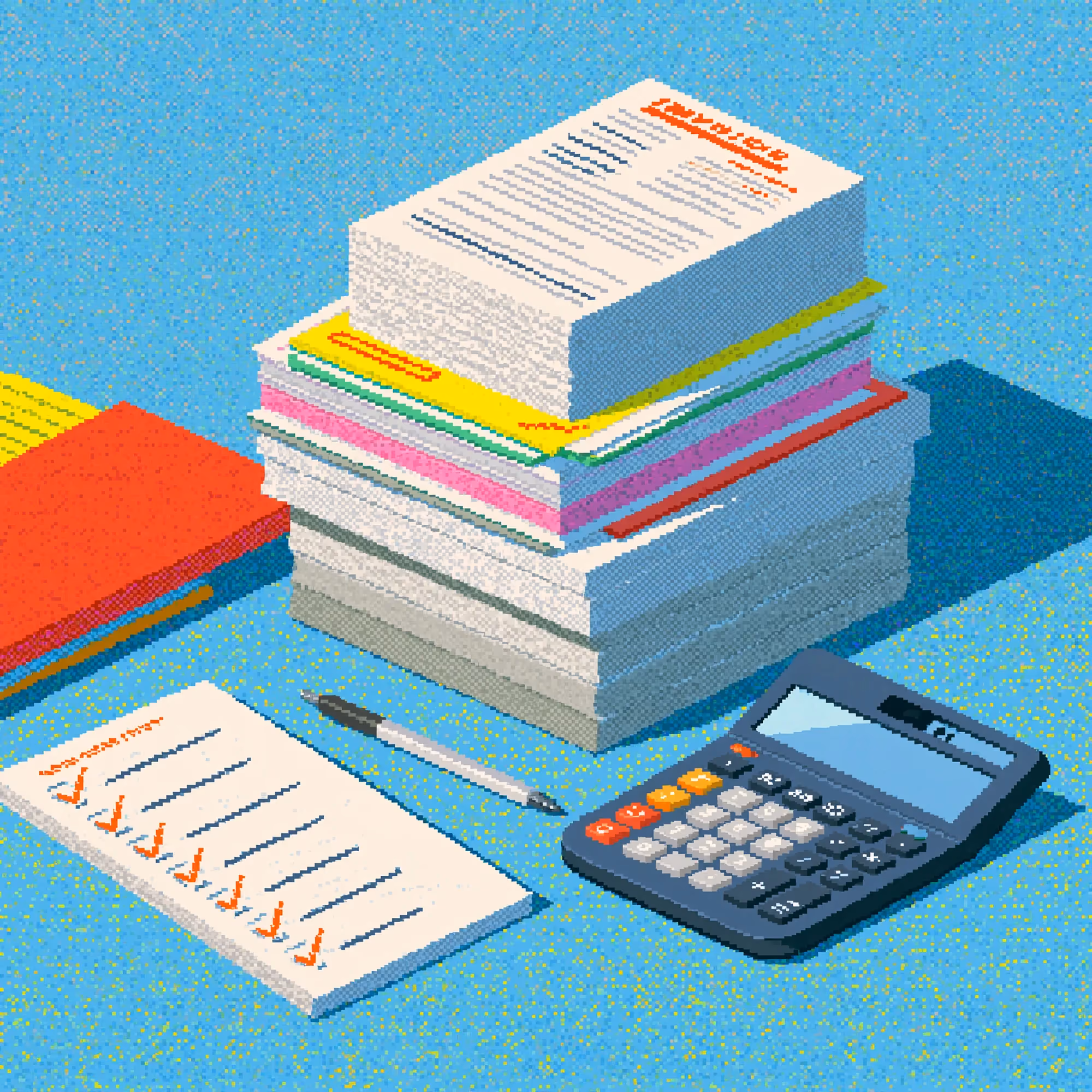 Pixel-art illustration of invoices, a calculator and accounting paperwork.