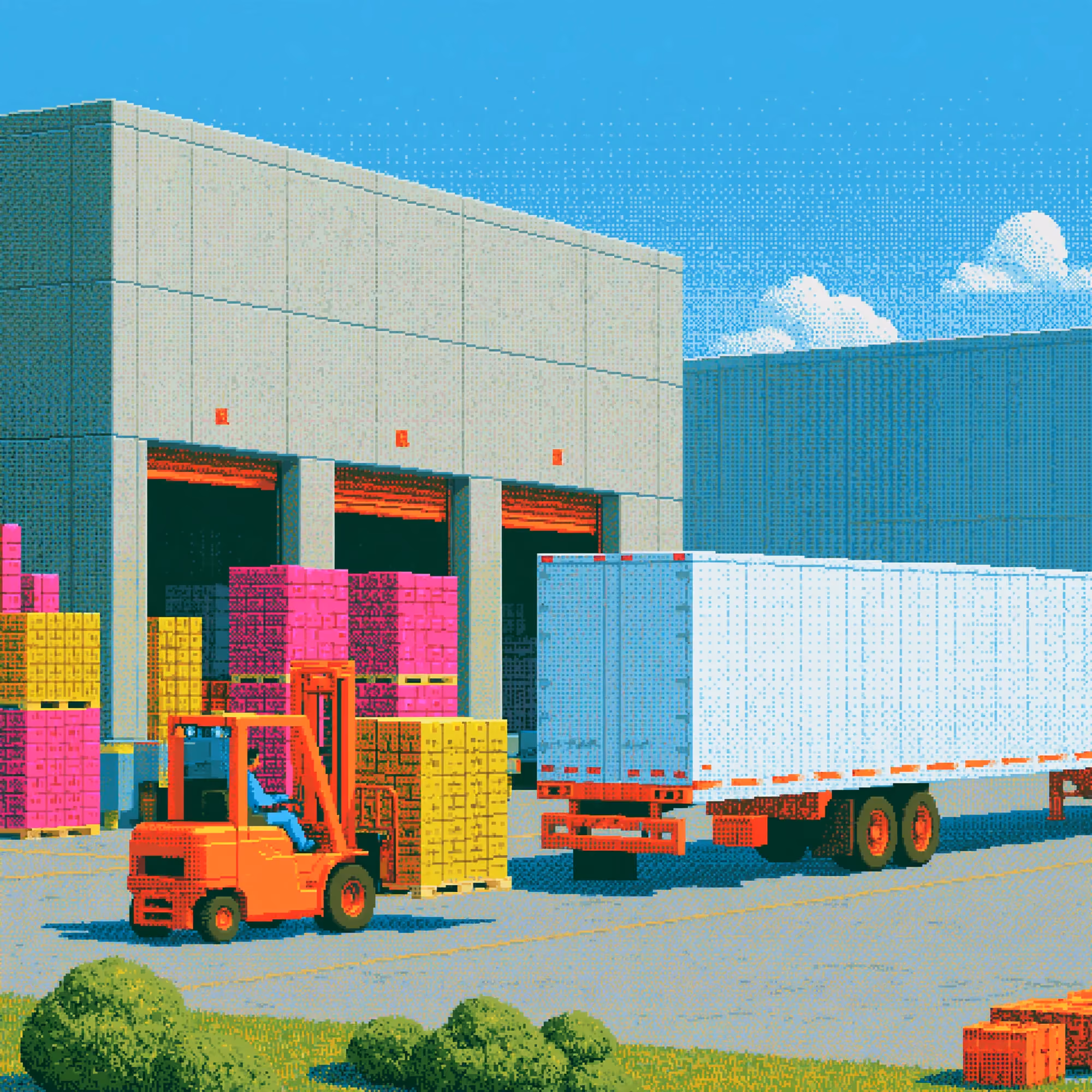 Pixel-art illustration of a forklift loading a truck outside a warehouse.
