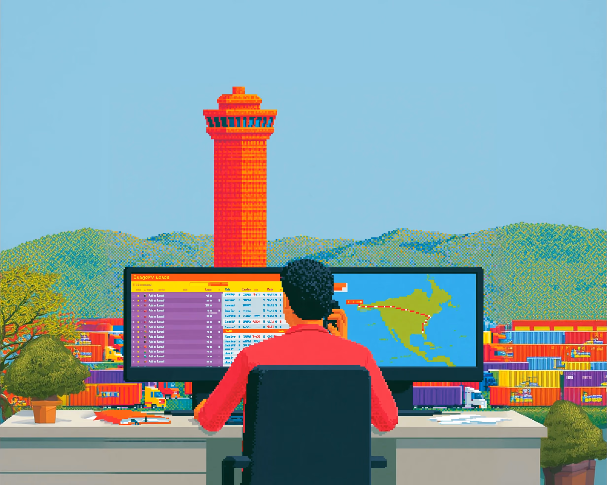 Pixel-art illustration of a freight broker working at two monitors overlooking a container terminal.