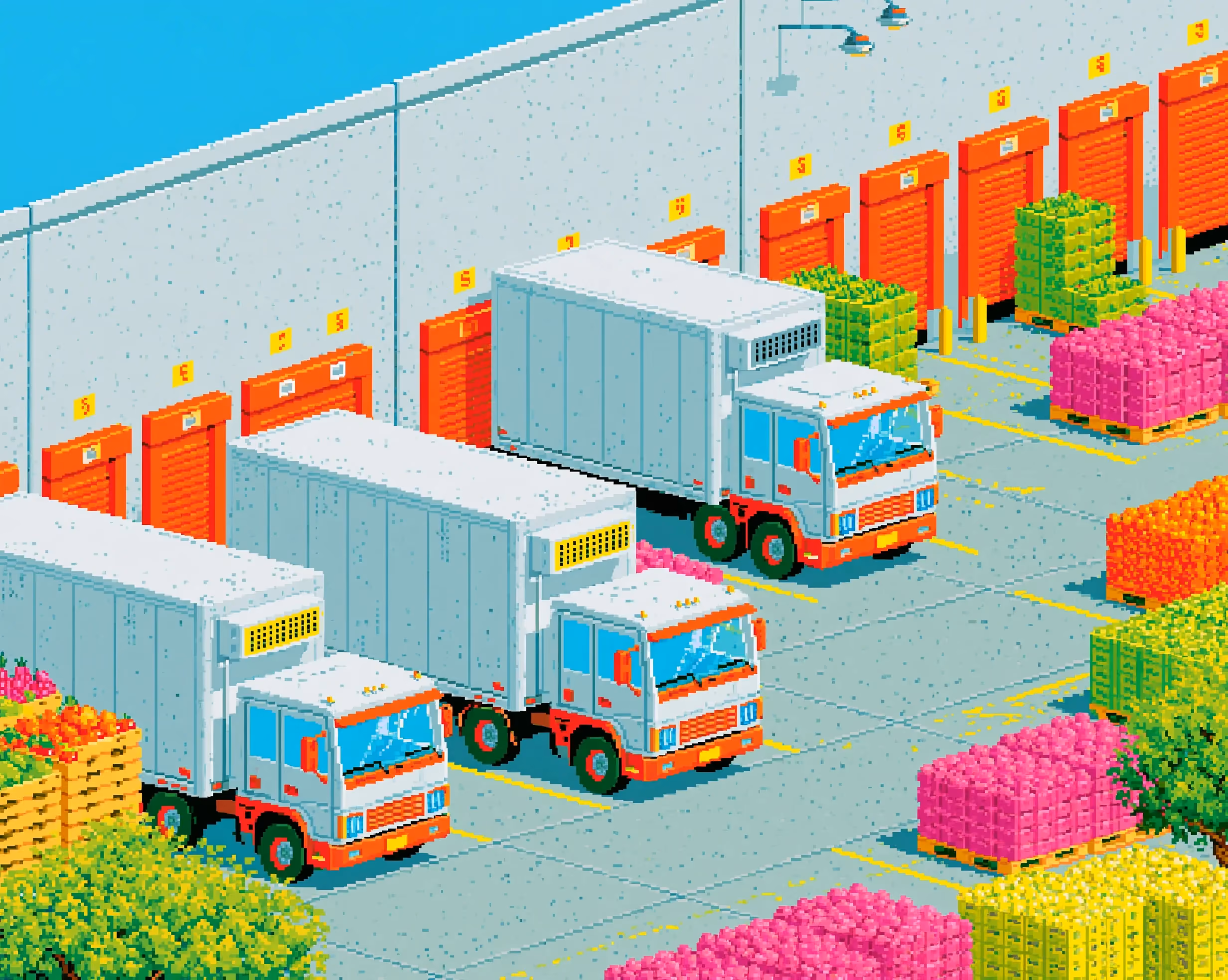 Pixel-art illustration of refrigerated trucks and pallets of produce at warehouse loading docks.
