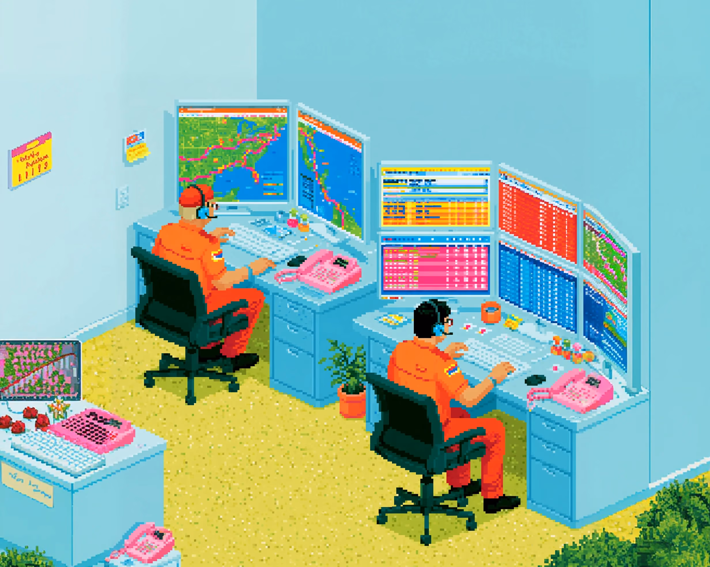 Pixel-art illustration of logistics operators working at screens with maps and shipment schedules.