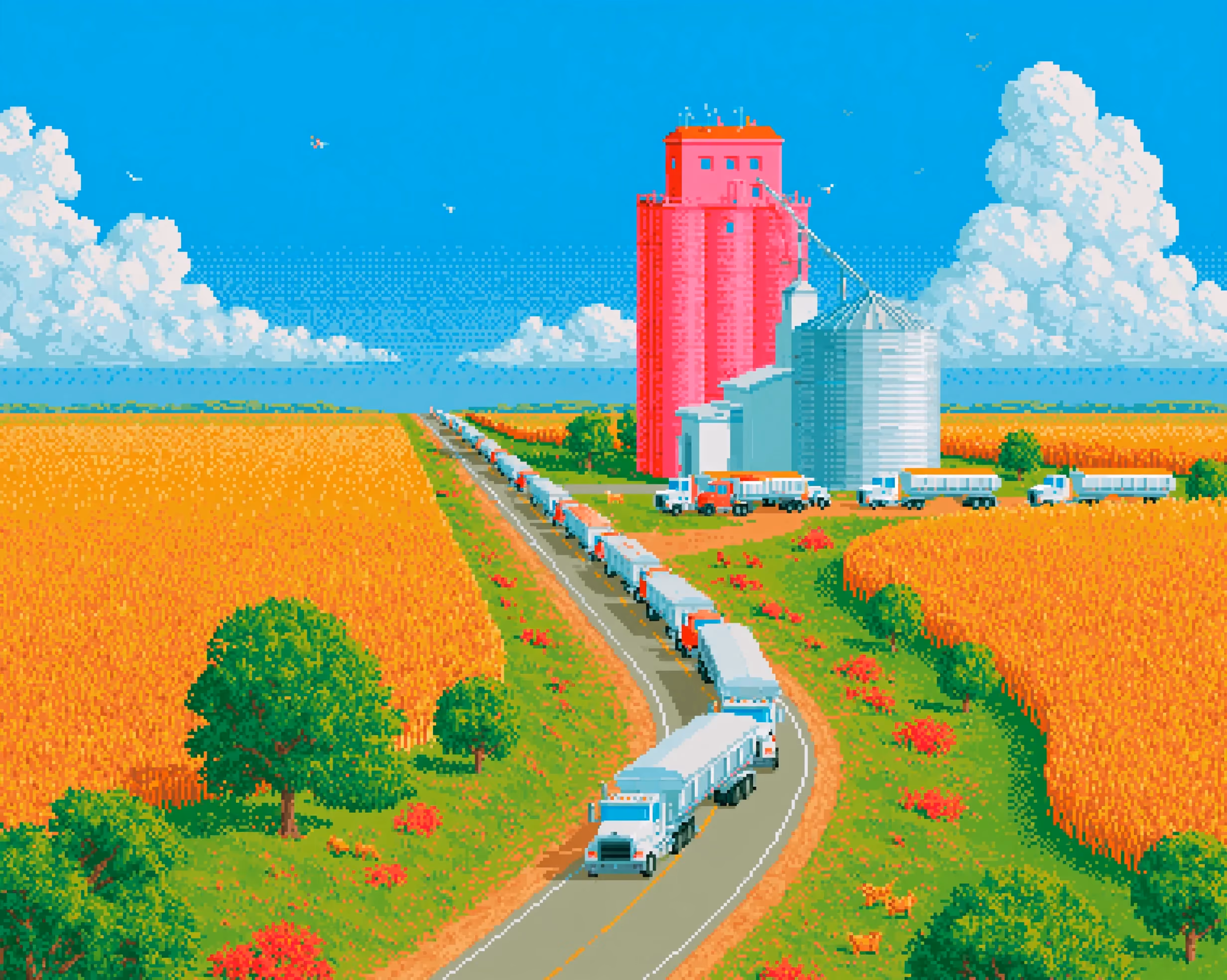 Pixel-art illustration of grain trucks queuing beside silos and fields.