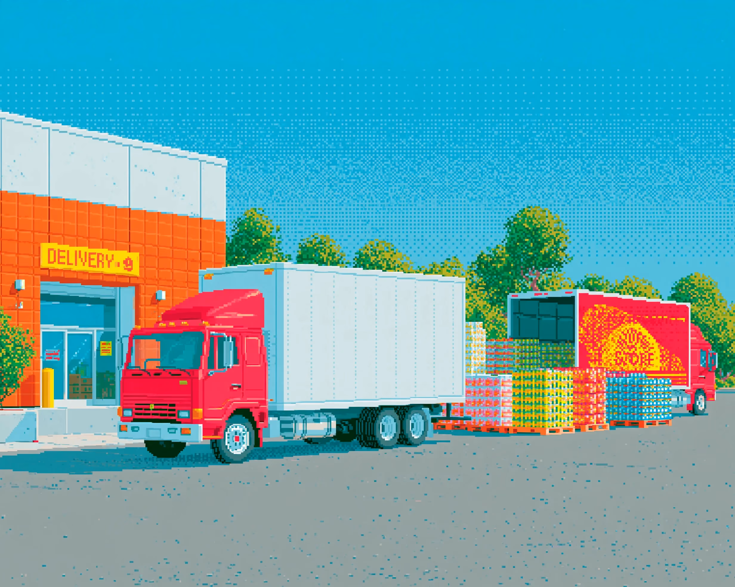 Pixel-art illustration of delivery trucks and pallets of consumer goods outside a distribution warehouse.