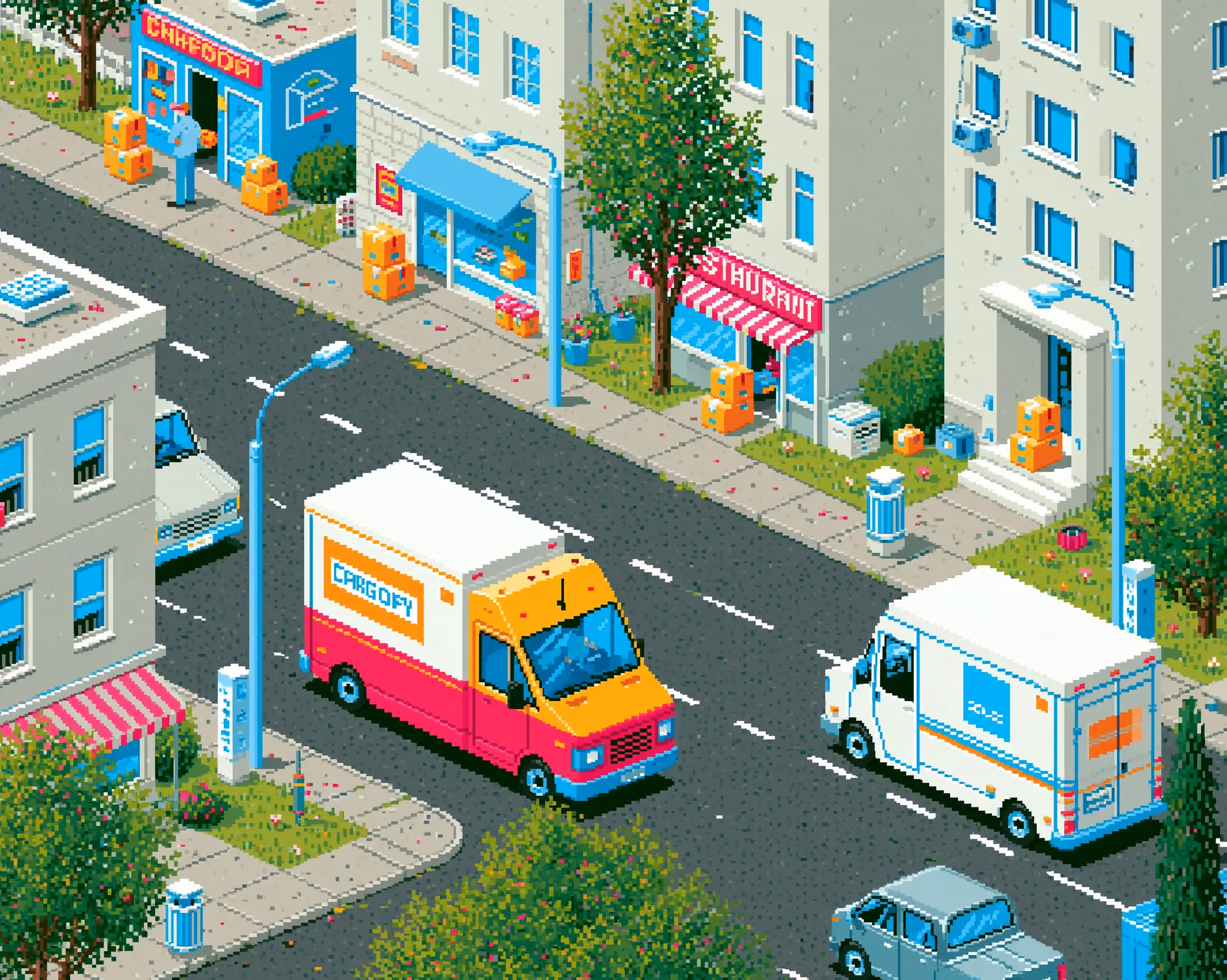 Pixel-art illustration of delivery vans carrying parcels through a city neighborhood.