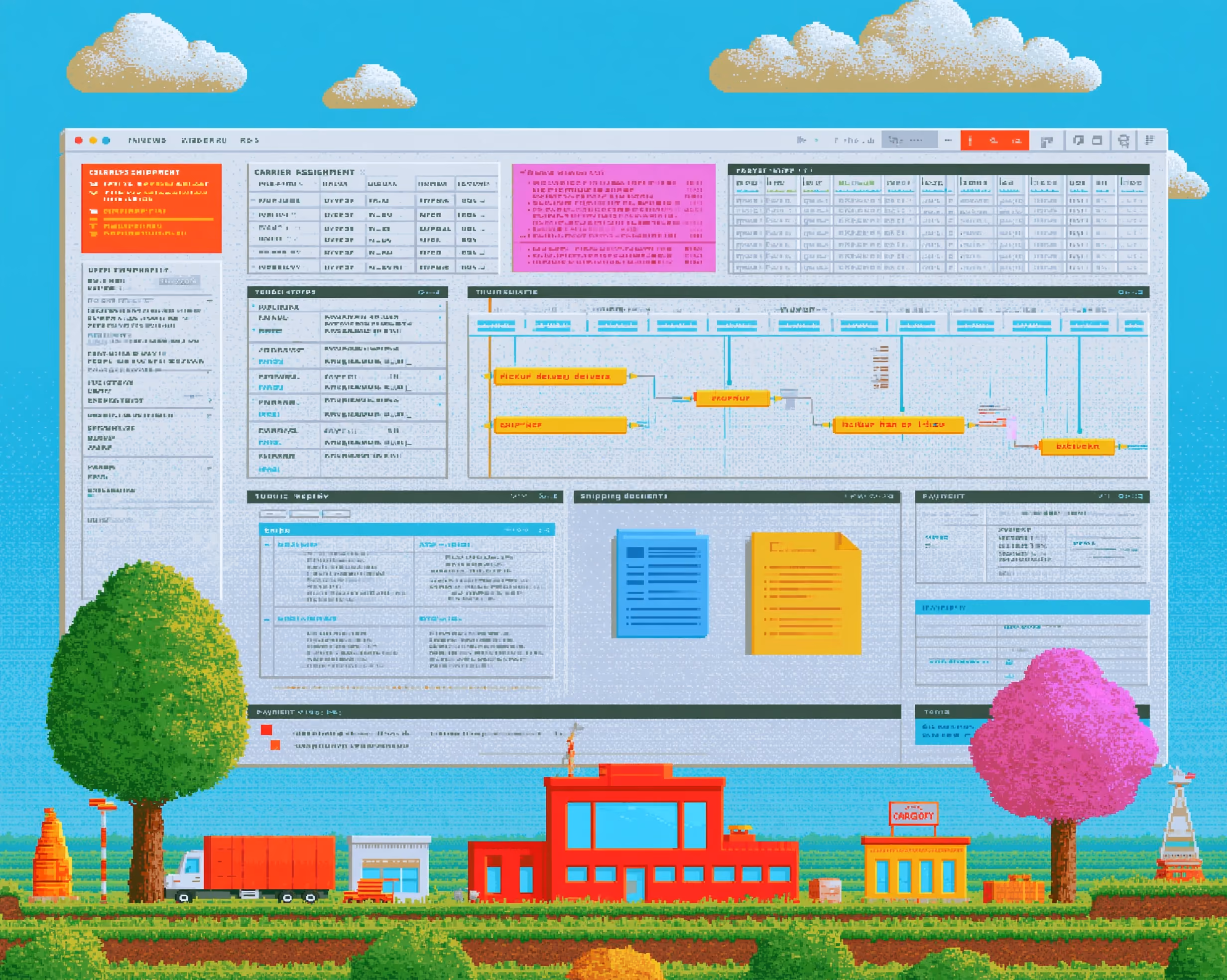 Pixel-art illustration of a shipment workspace with tables, a workflow diagram and documents.