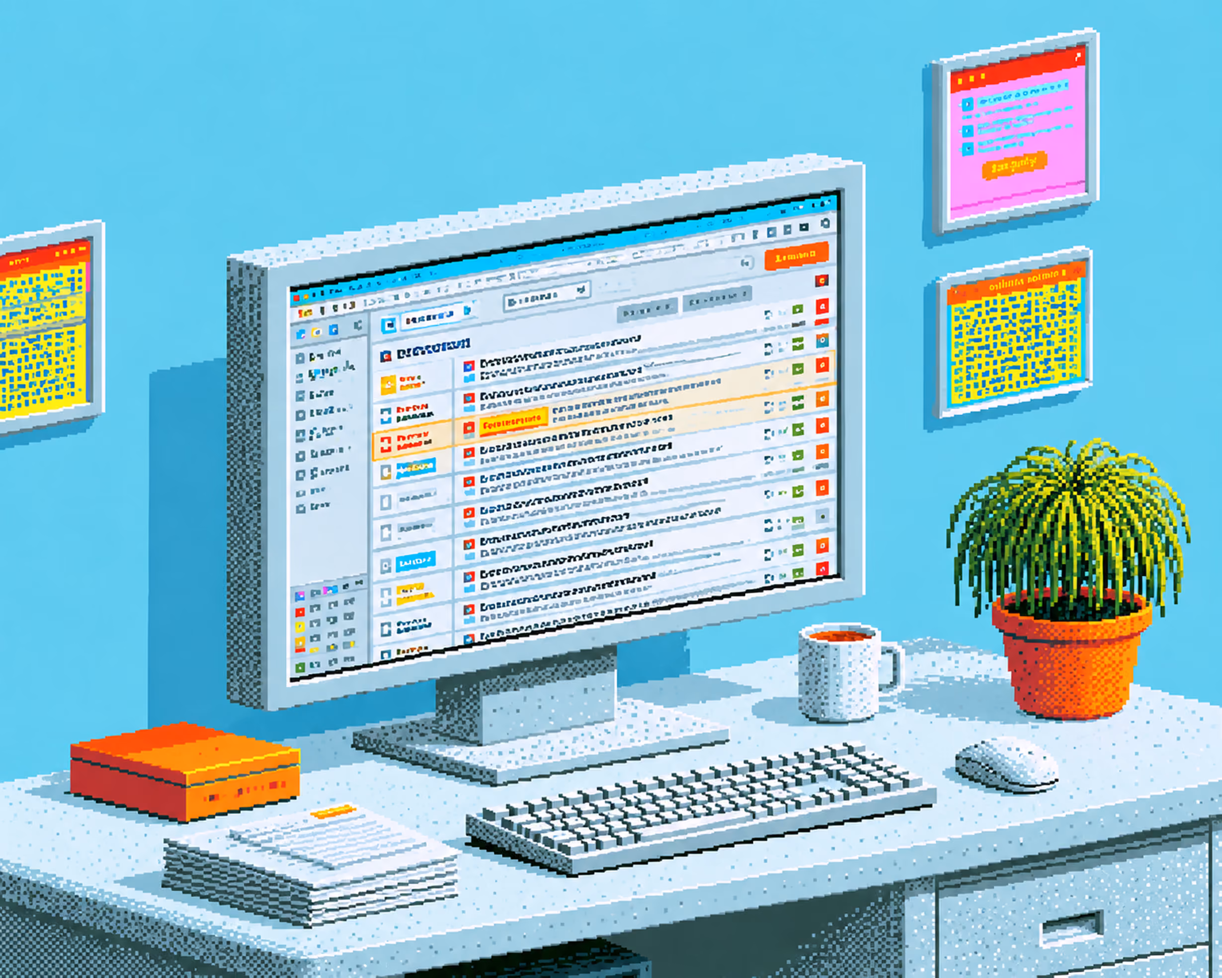 Pixel-art illustration of a desk monitor displaying a list of shipment requests.