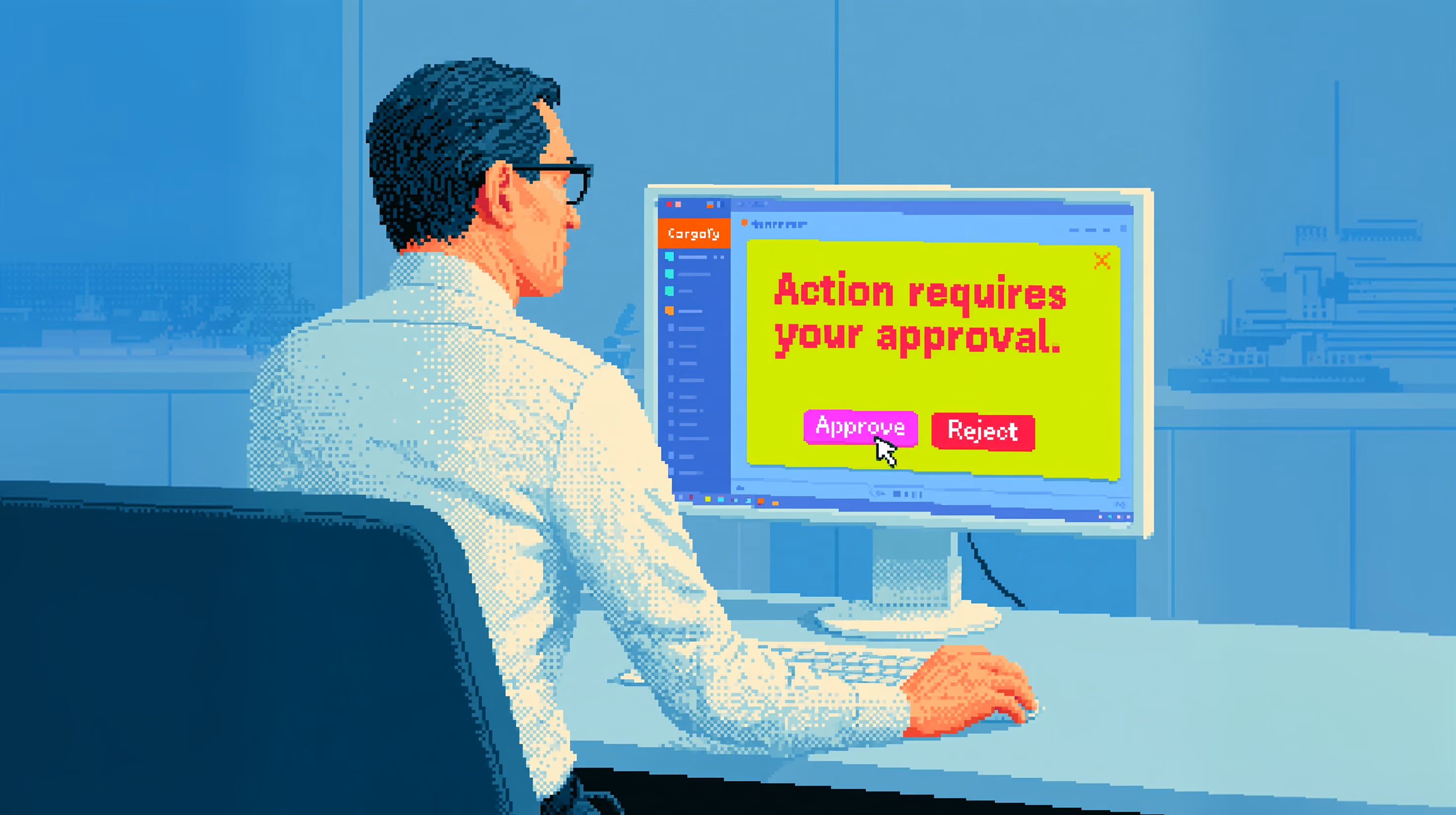 Illustration of a logistics operator approving an action on a computer screen.