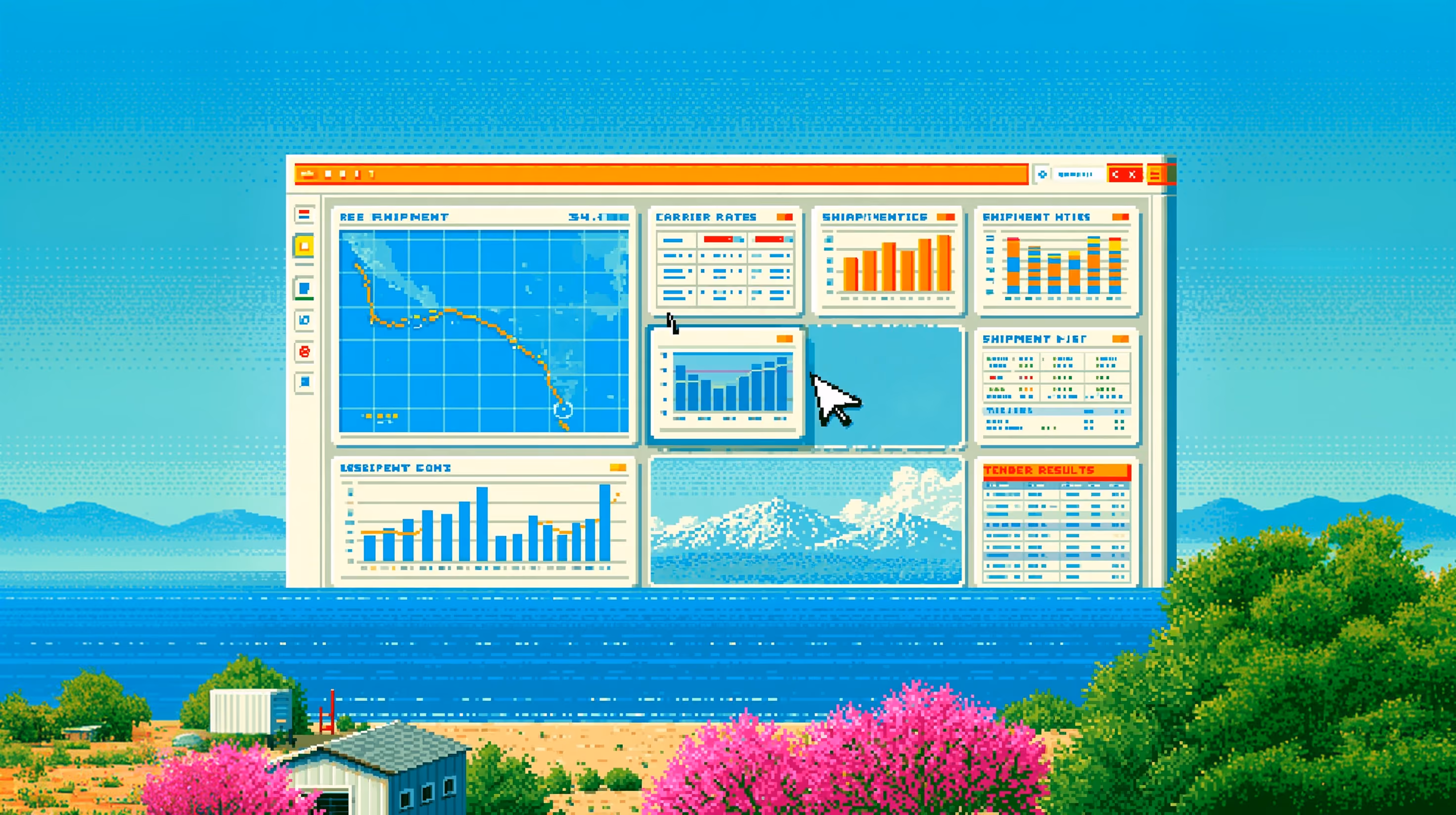 Illustration of a logistics analytics dashboard with a map and charts.