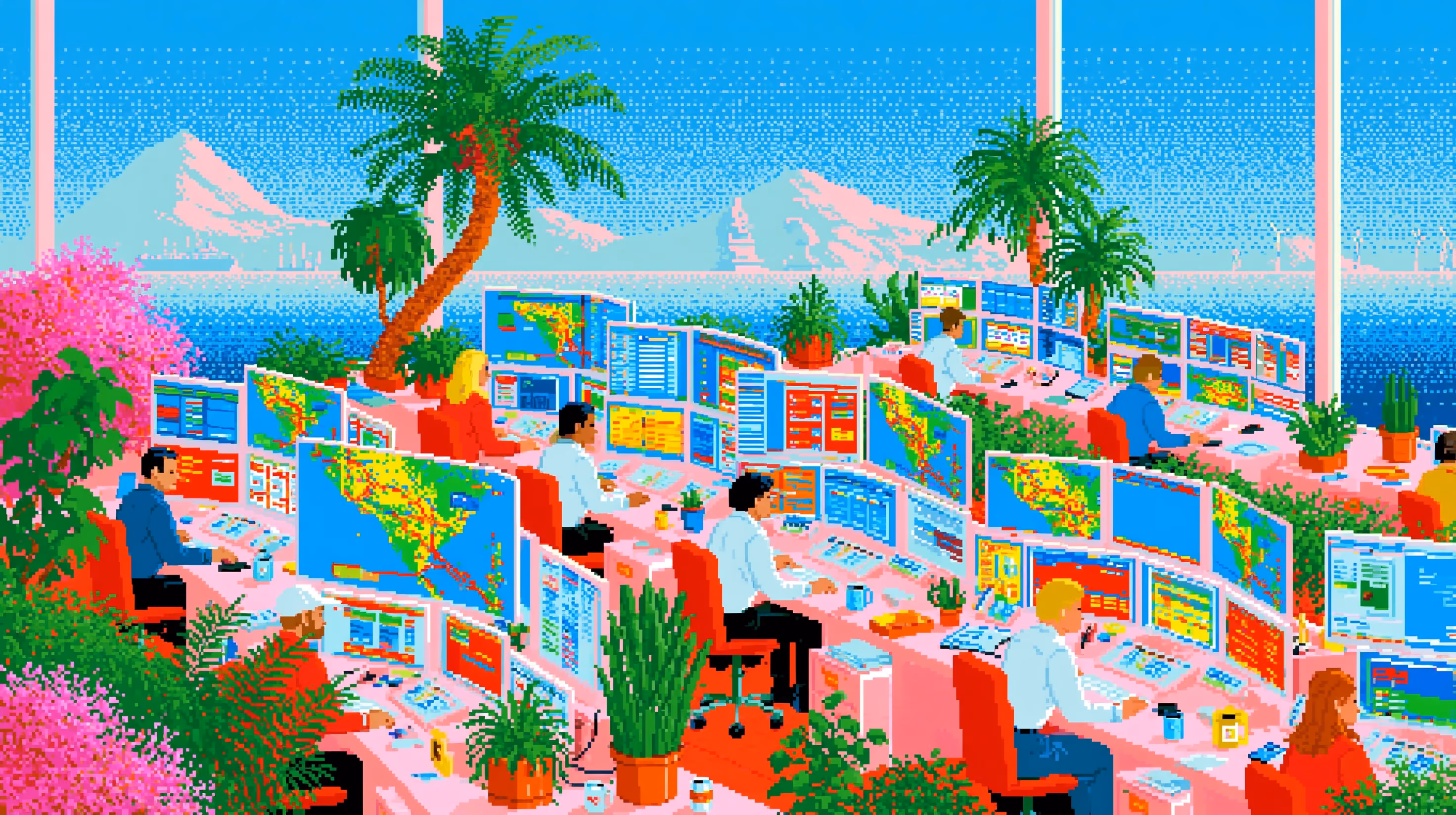 Illustration of a logistics team working at multiple monitors in a bright office.