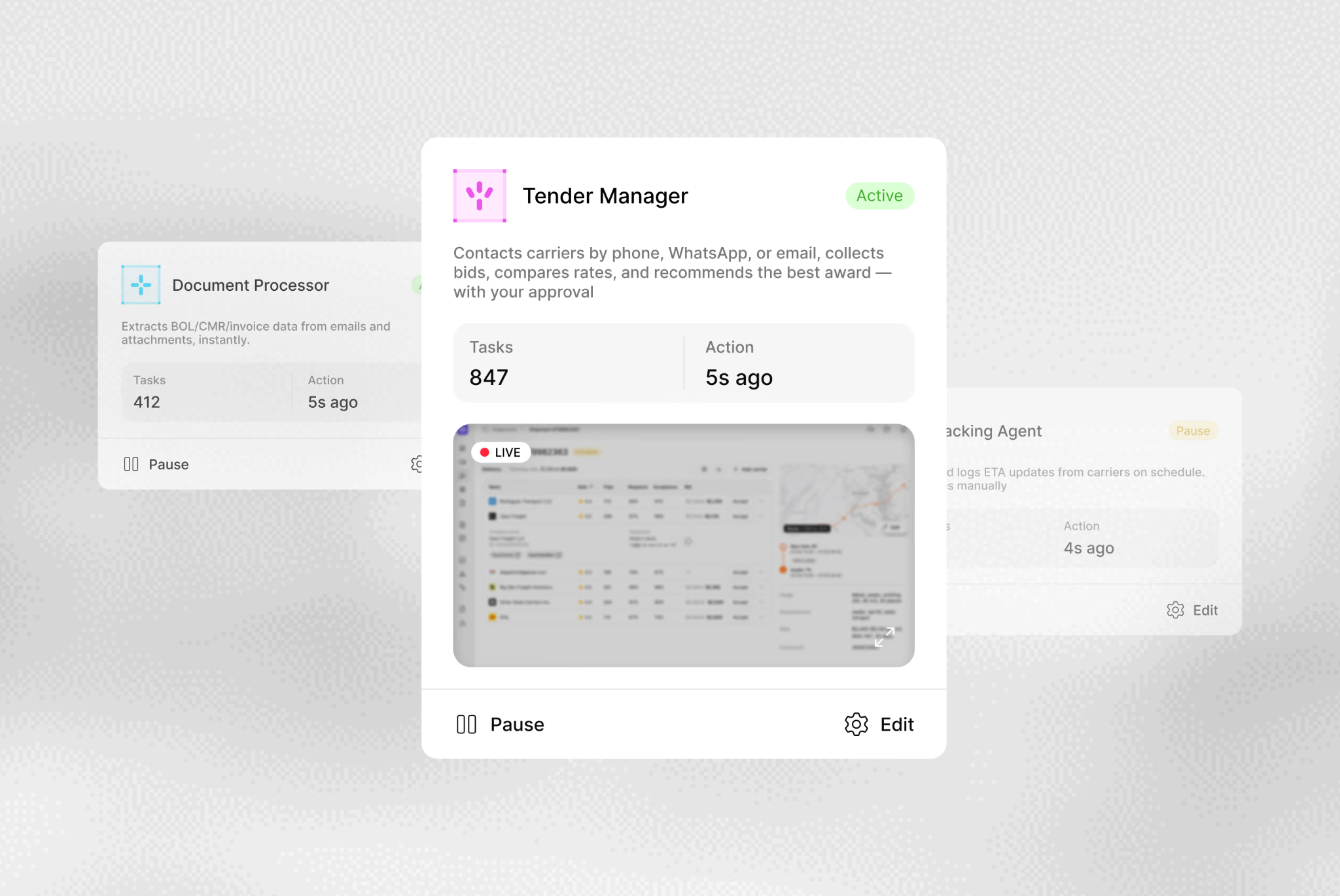 Cargofy digital workers dashboard showing an active Tender Manager that contacts carriers, collects bids, compares rates, and recommends awards for approval.