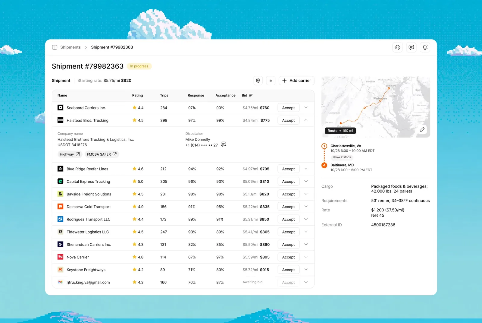 Cargofy Freight Procurement tender comparing carrier bids by rating, response rate and price, with an Accept button for each bid.