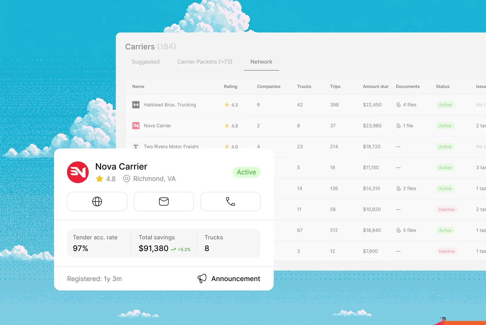 Cargofy Carrier Network list of carriers with a profile card showing rating, tender acceptance rate, savings and fleet size