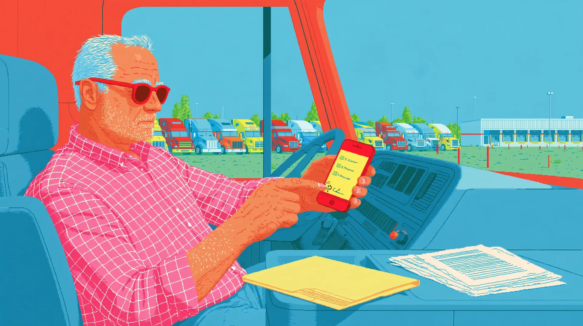 Owner-operator signing a carrier packet on a phone in the truck cab, with the paper carrier setup packet left unused on the dashboard
