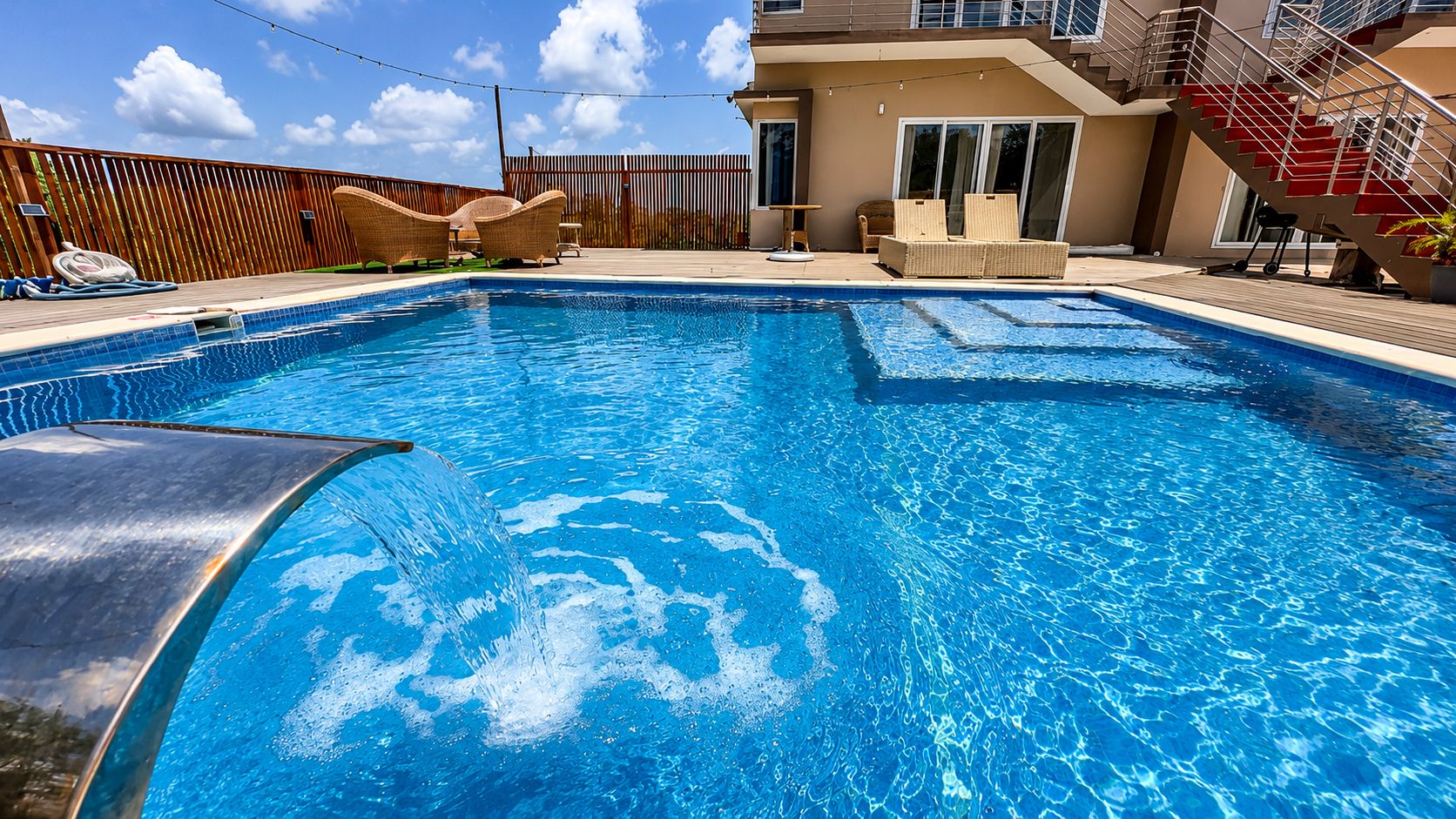 A private villa pool under a blue Caribbean sky