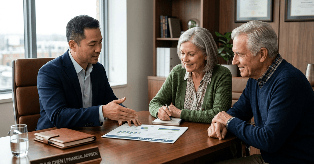 A financial advisor reviews a retirement tax plan with a couple at an office desk