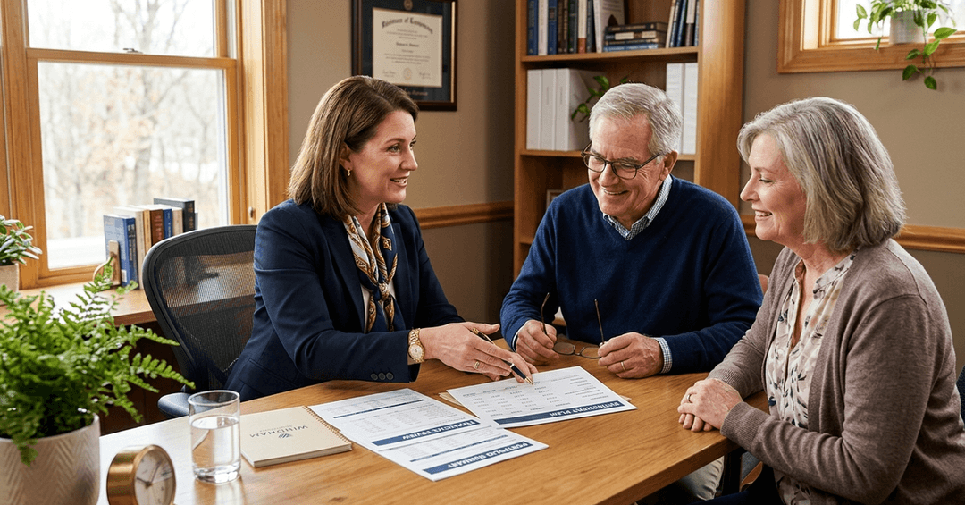 A financial advisor walks a couple through disclosure documents in a home office