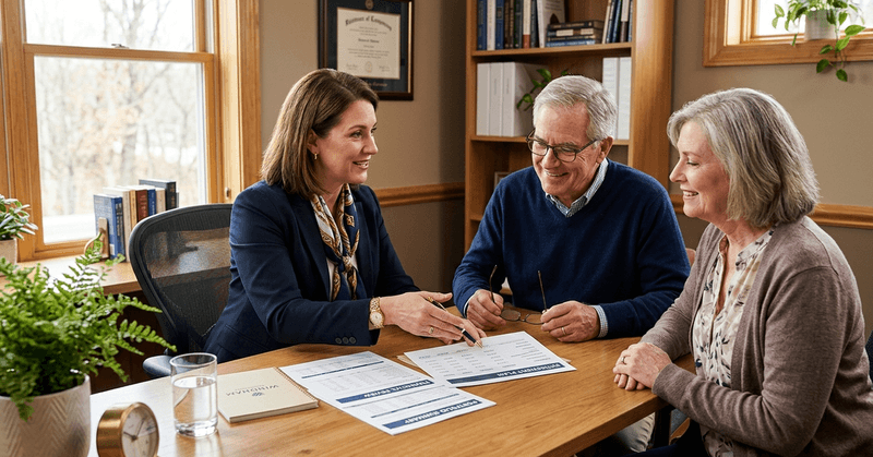 A financial advisor walks a couple through disclosure documents in a home office