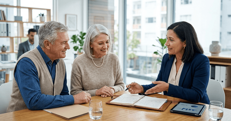 An advisor explains compensation options to a couple at a conference table