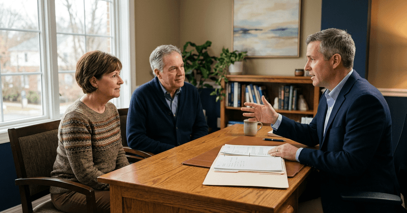 An advisor explains a point to a couple across a desk in a sunlit office
