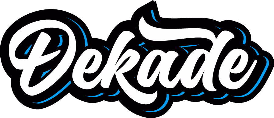 Stylized cursive text spelling 'Dekade' with white letters and blue shadow on black background.