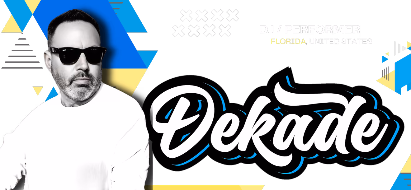 Portrait of a man with sunglasses and beard beside 'Dekade' text and DJ/Performer from Florida, USA.
