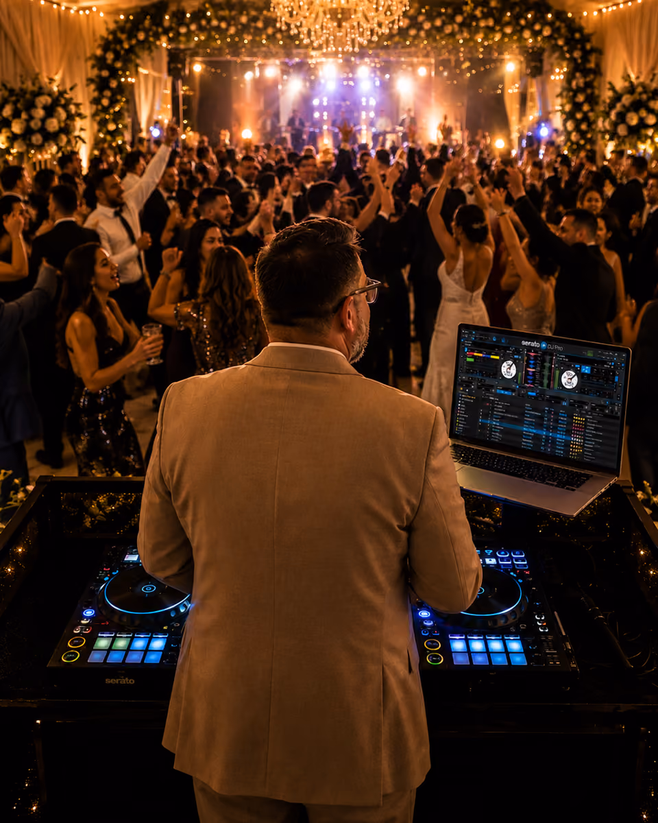 DJ in a tan suit plays music on a mixer with a laptop as a wedding crowd dances under lights.