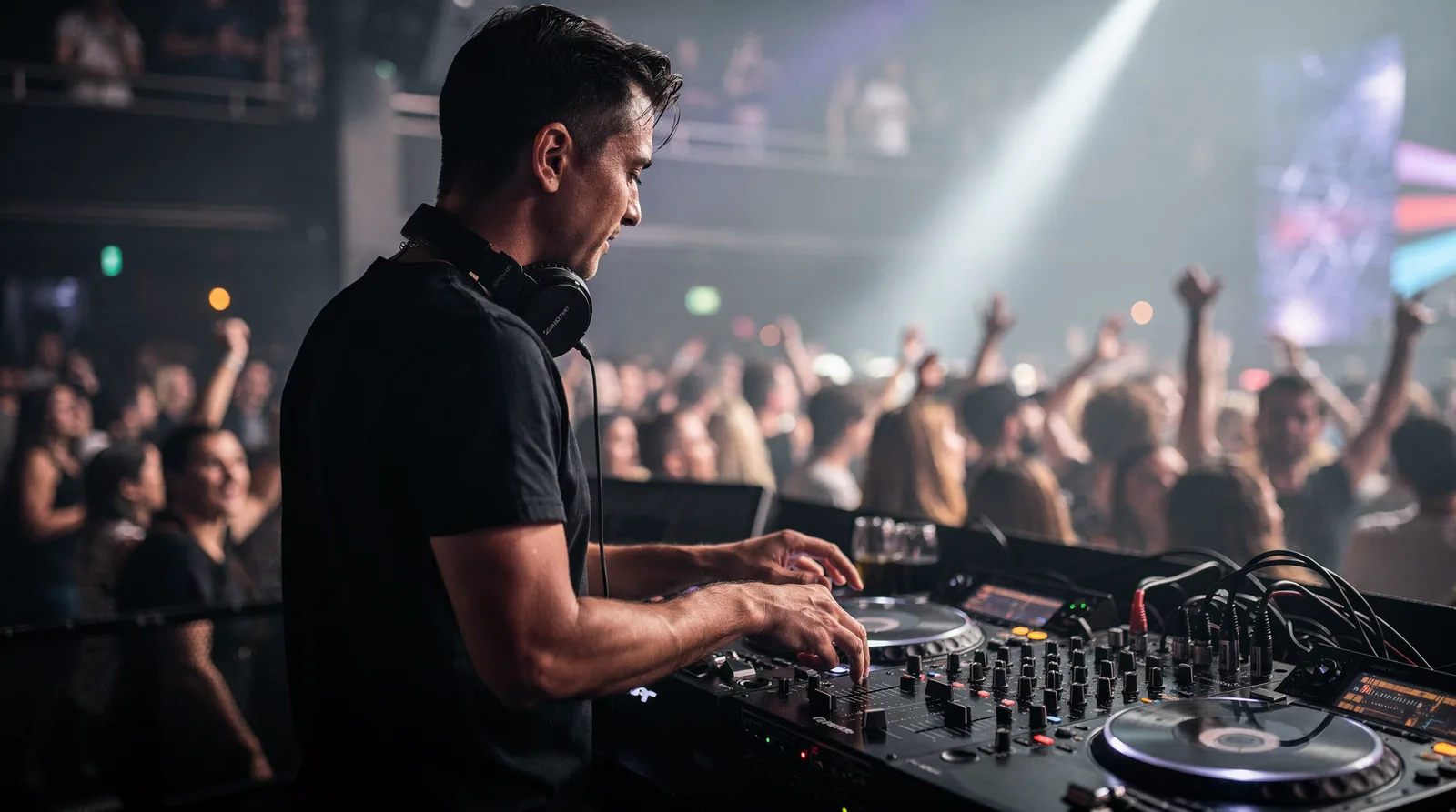 Side view of a DJ wearing headphones and operating a mixing console in a crowded, dimly lit nightclub.